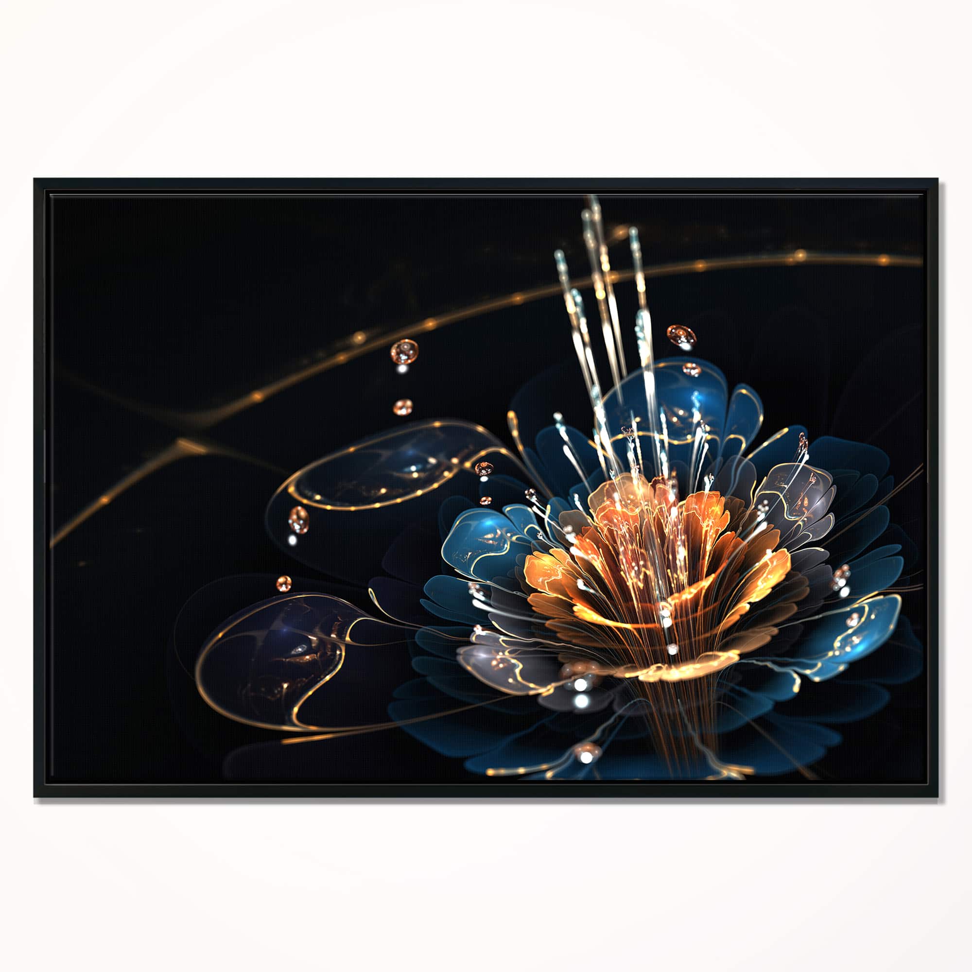 Designart - Orange Blue Flower with Water Drops - Floral Art Framed Canvas Print