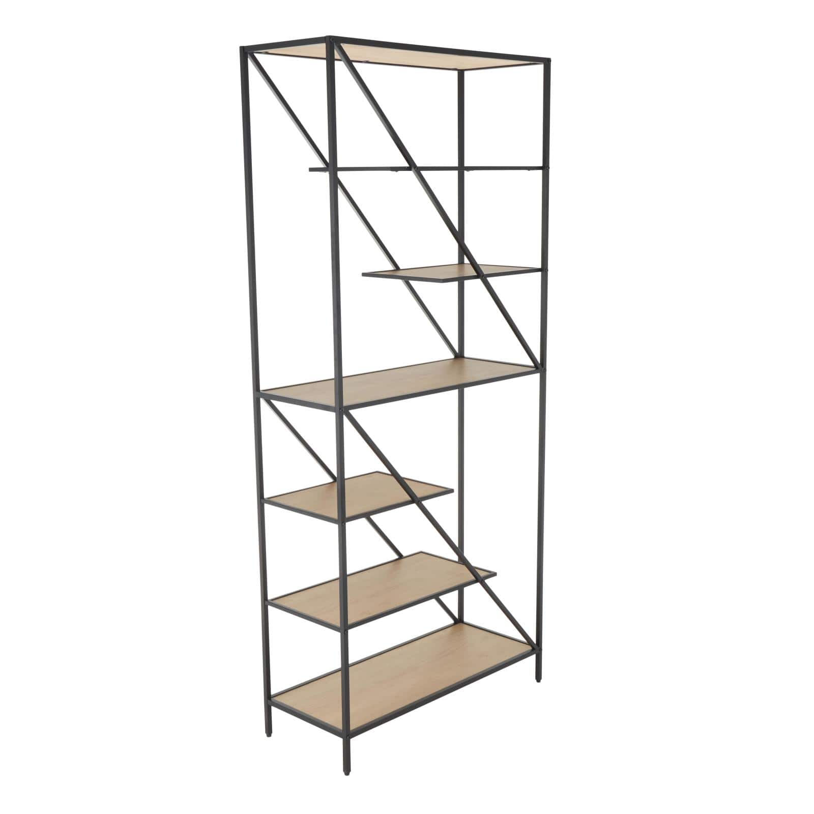 71" x 32" Brown Wooden Diagonal Angled 6 Shelf Storage Shelving Unit with Black Metal Frame