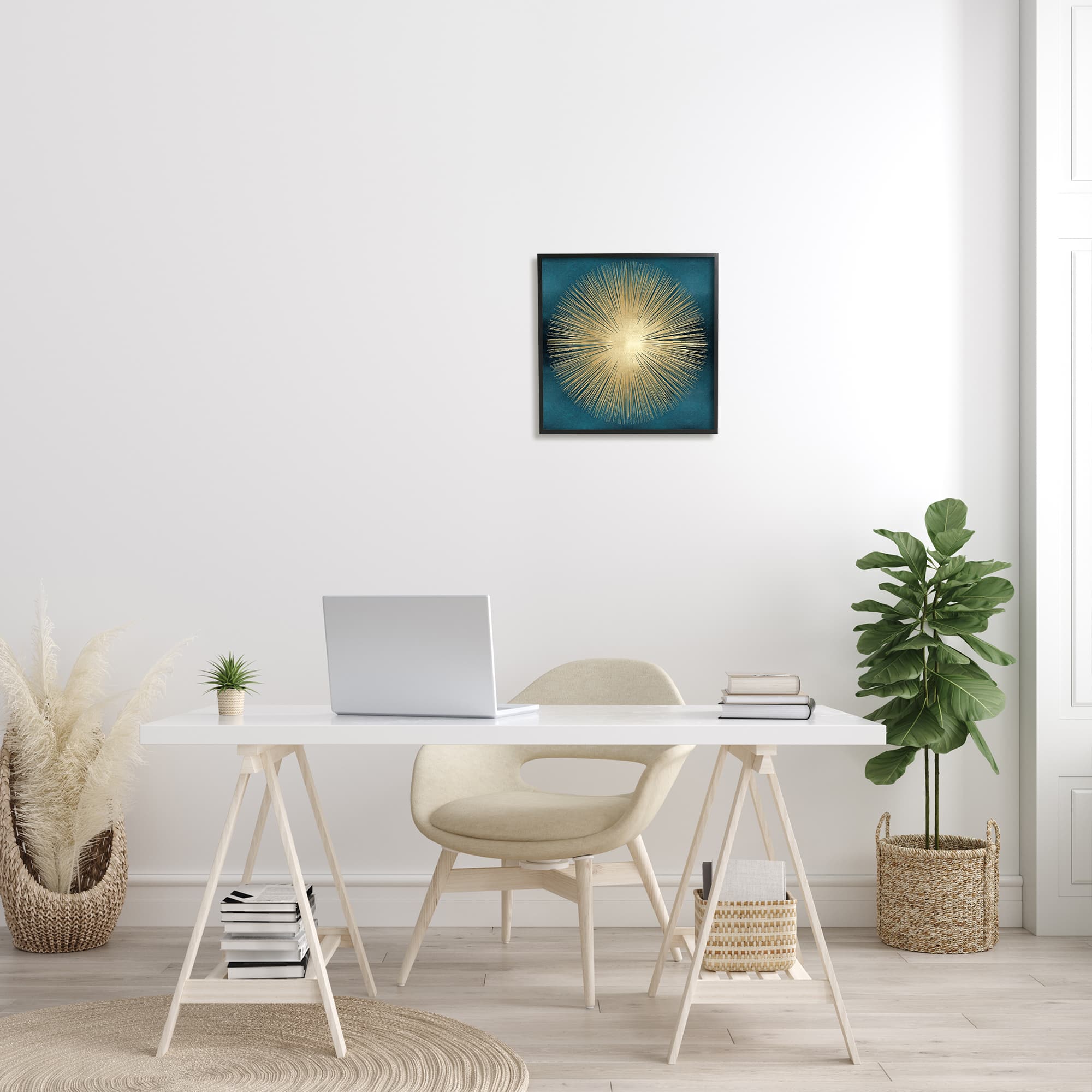 Stupell Industries Abstract Deco Sunburst Shape Over Dark Blue in Frame Wall Art