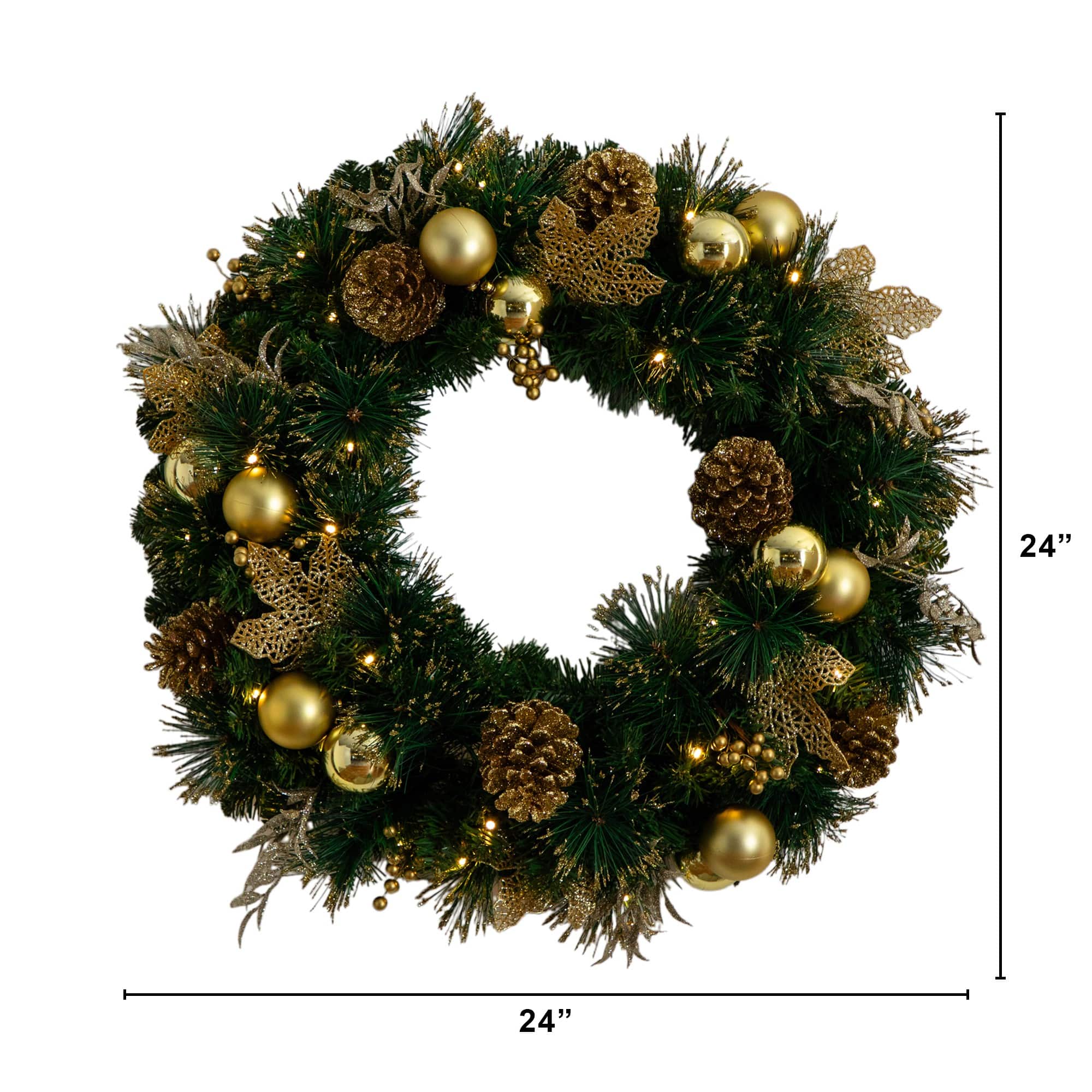 24in. Pre-Lit Artificial Golden Frosted Christmas Wreath with 50 Warm White LED Lights Pinecones, Berries and Ornaments