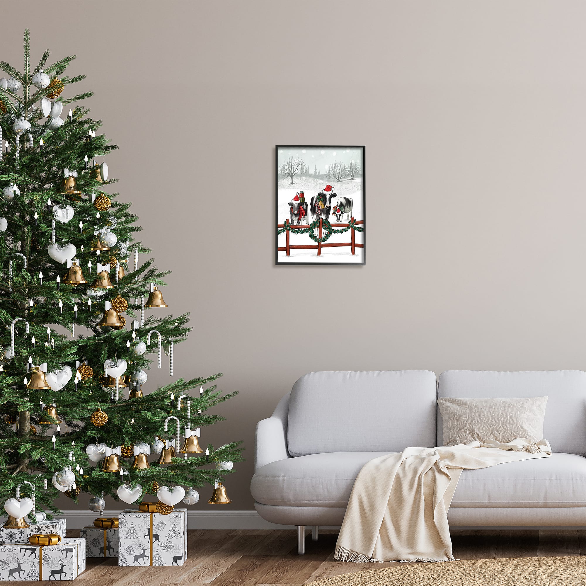Stupell Industries Holiday Cows Farmland Fence Framed Giclee Art