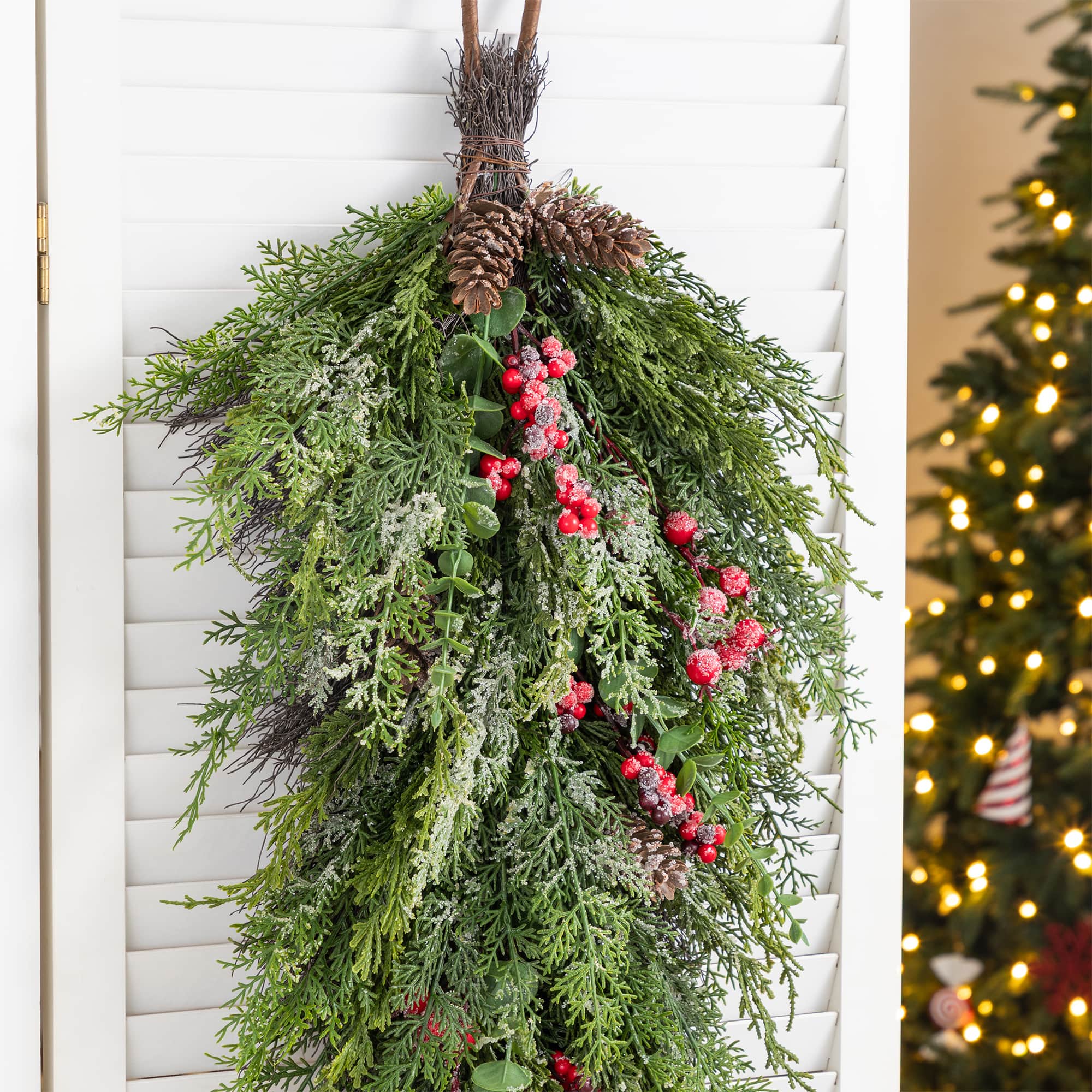 Glitzhome® 31.5" Christmas Greenery Frosted PE Teardrop with Pinecones & Red Berries