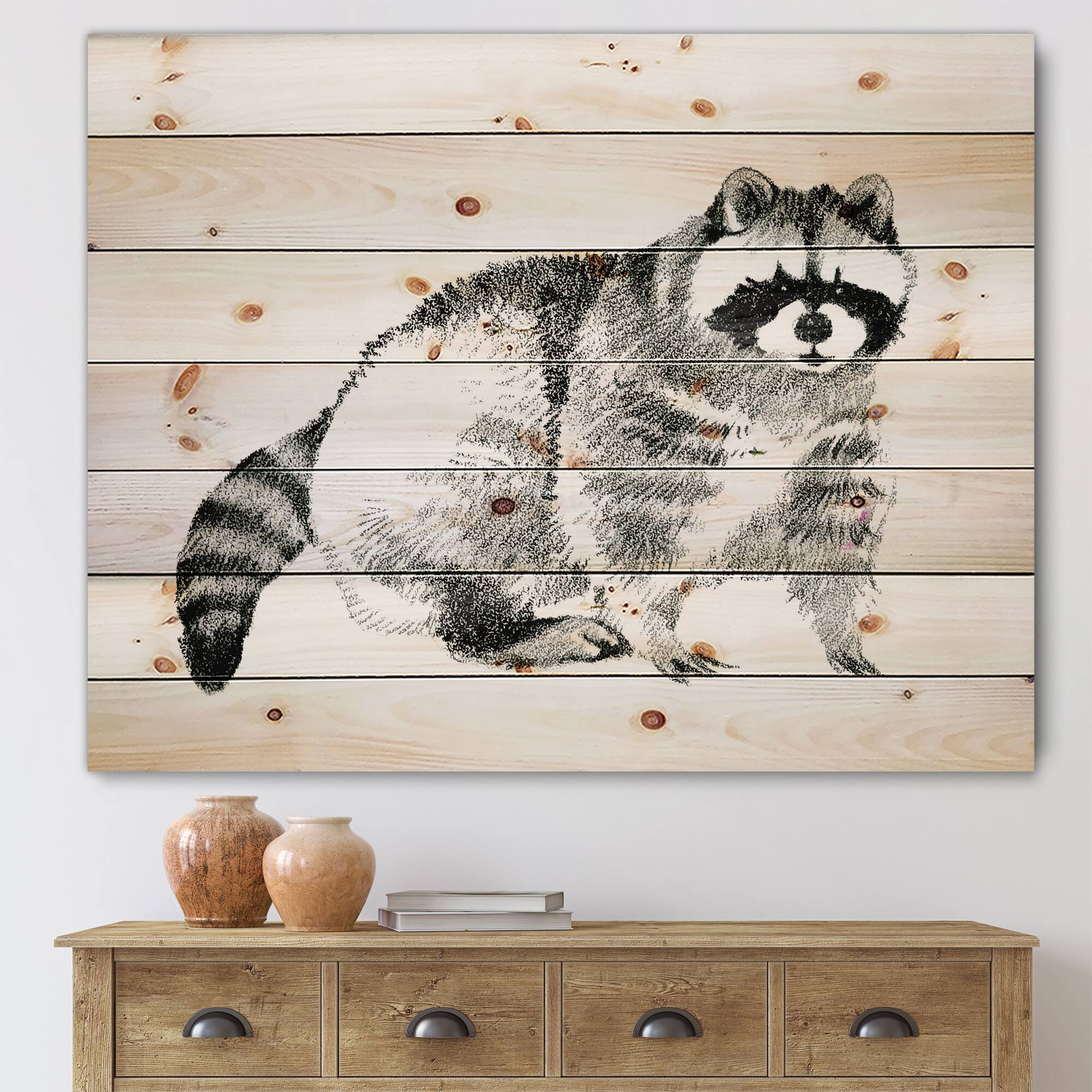 Designart - Monochrome Portrait Of Raccoon - Farmhouse Print on Natural Pine Wood
