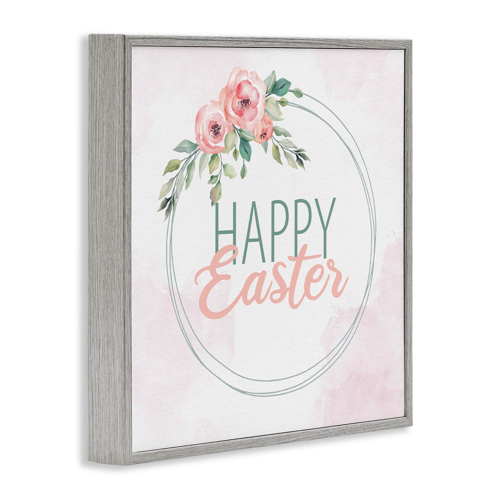 Stupell Industries Happy Easter Round Floral Border Pastel Pink Design Framed Giclee Art