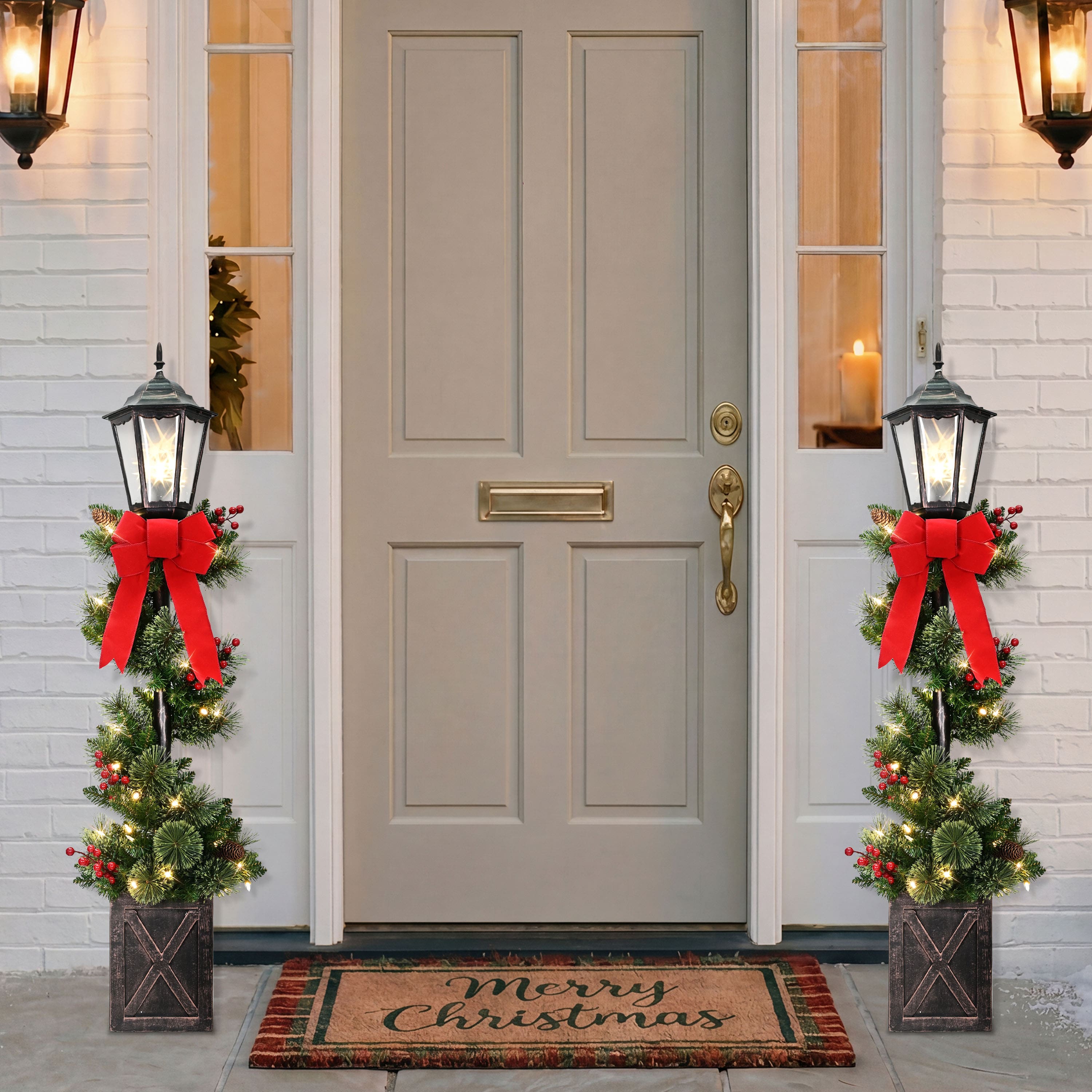 Puleo International 4ft. Pre-Lit Pinecones, Berries & Red Bow Artificial Spiral Lamp Post Trees, 2ct.