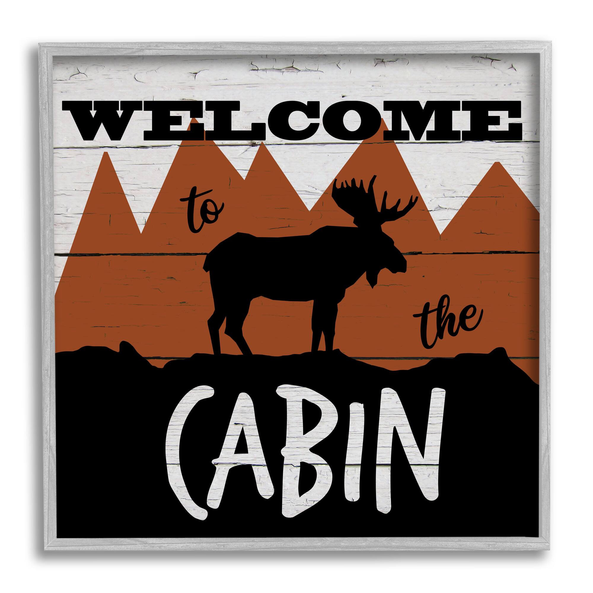 Stupell Industries Welcome To Cabin Phrase Rustic Moose Orange Mountains Framed Wall Art