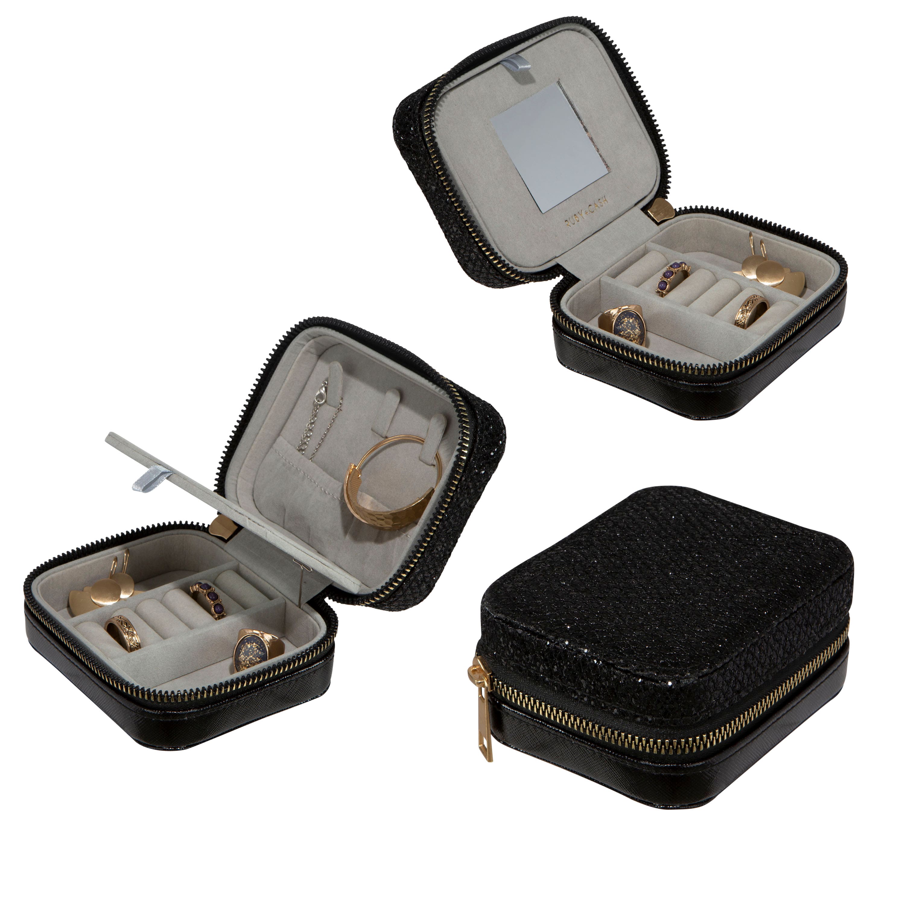 Ruby + Cash Black Sequin Mini Faux Leather Zippered Travel Jewelry Organizer Box