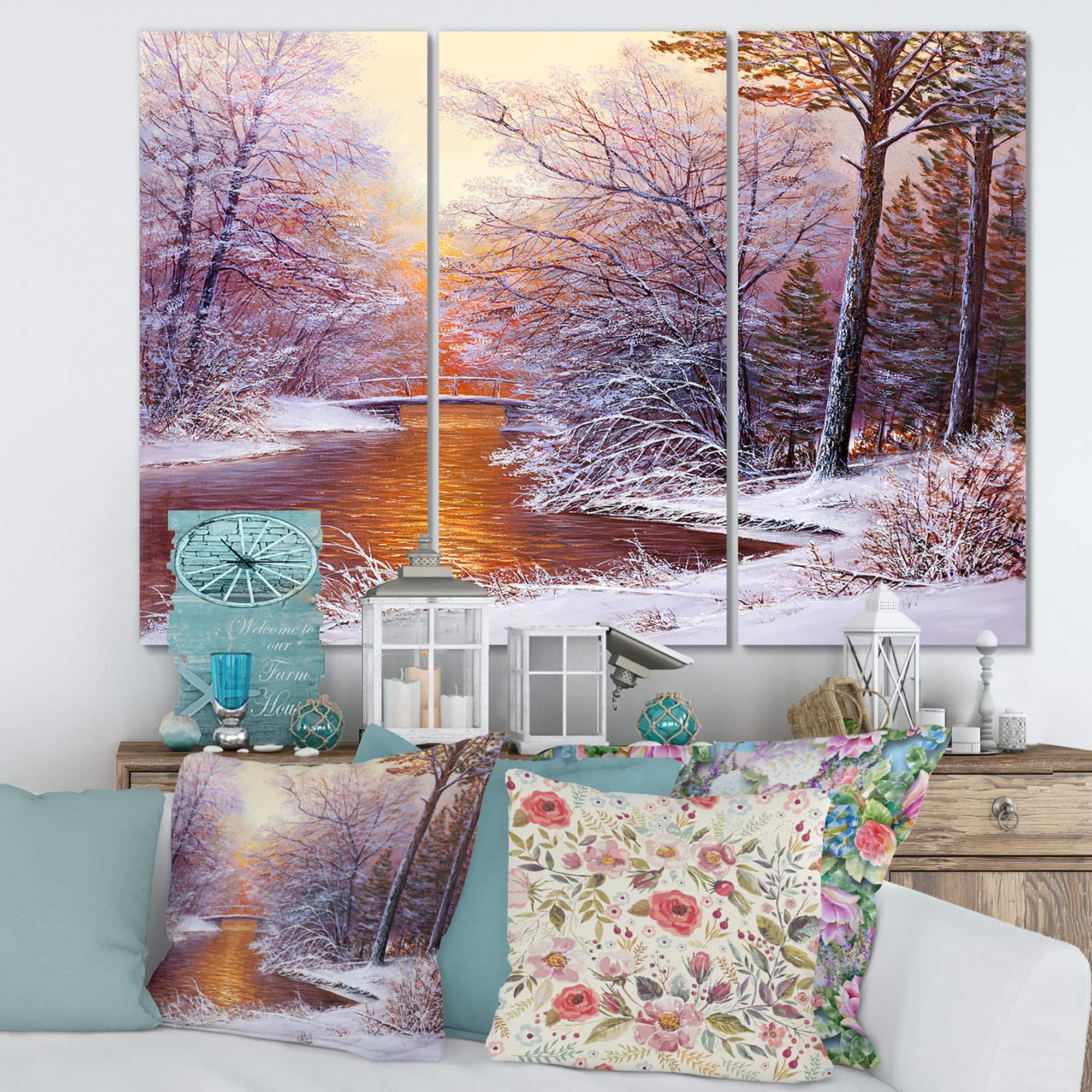 Designart - Christmas Forest With River and Trees II - Traditional Canvas Wall Art Print