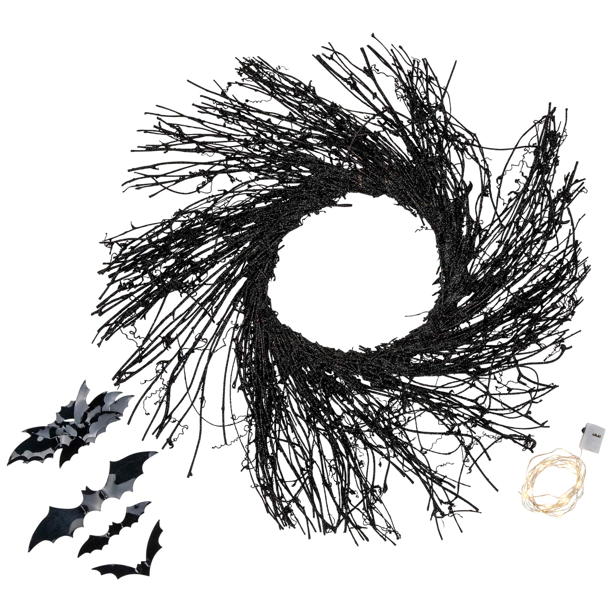 22" Black Pre-Lit Halloween Twig Wreath with Bats