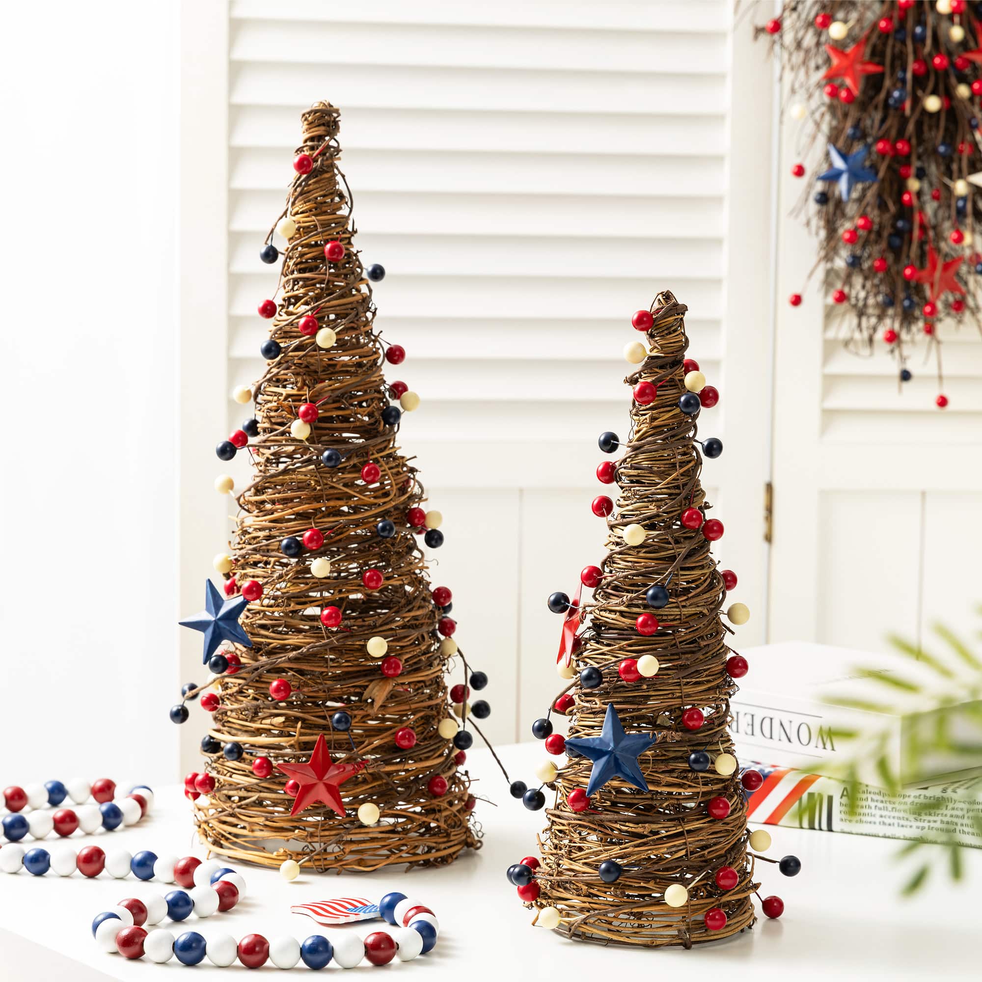 Glitzhome® Set of 2 Patriotic Americana Rattan Stars and Berry Cone Table Trees