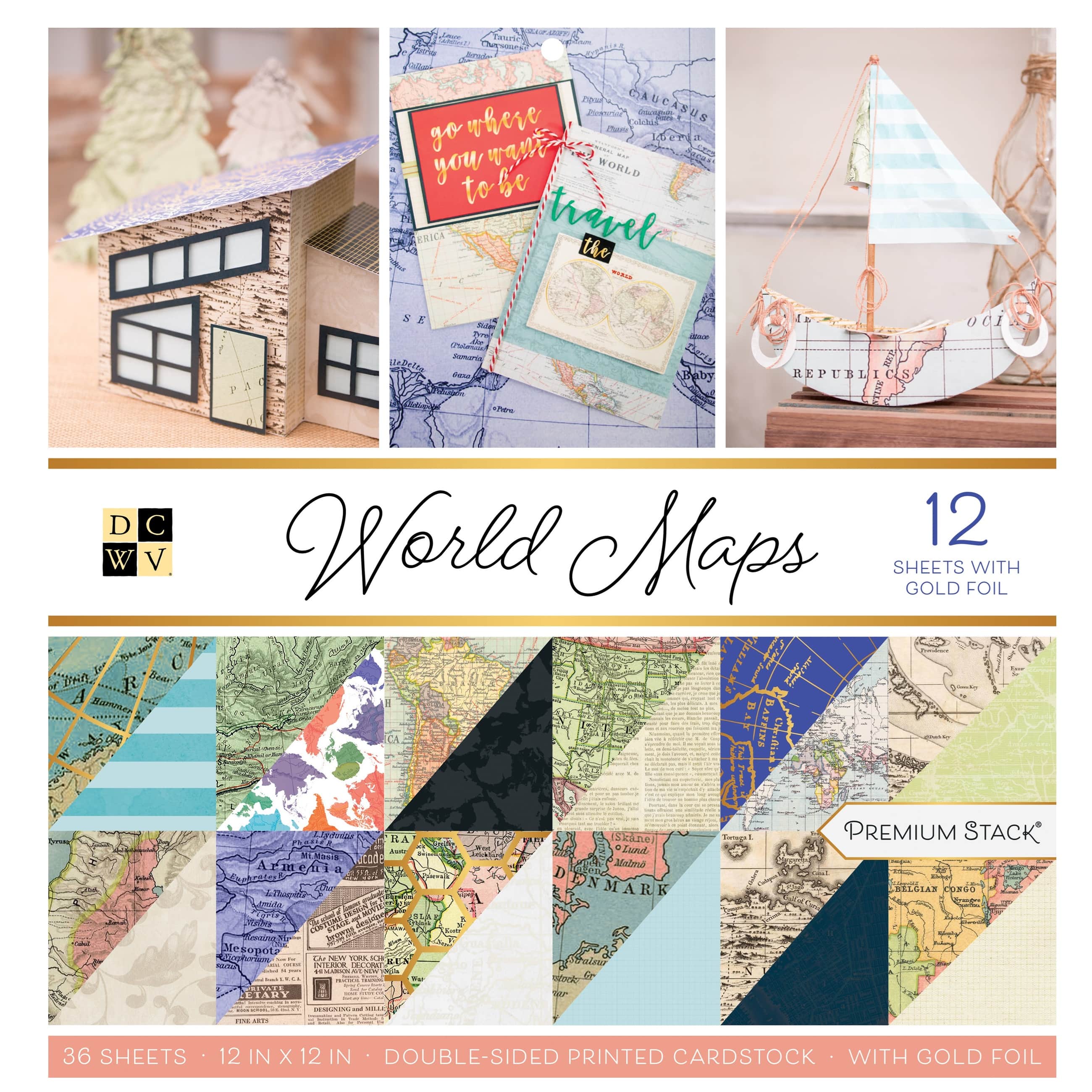 DCWV® 12" x 12" World Maps with Foil Accents Double-Sided Cardstock Stack, 36 Sheets