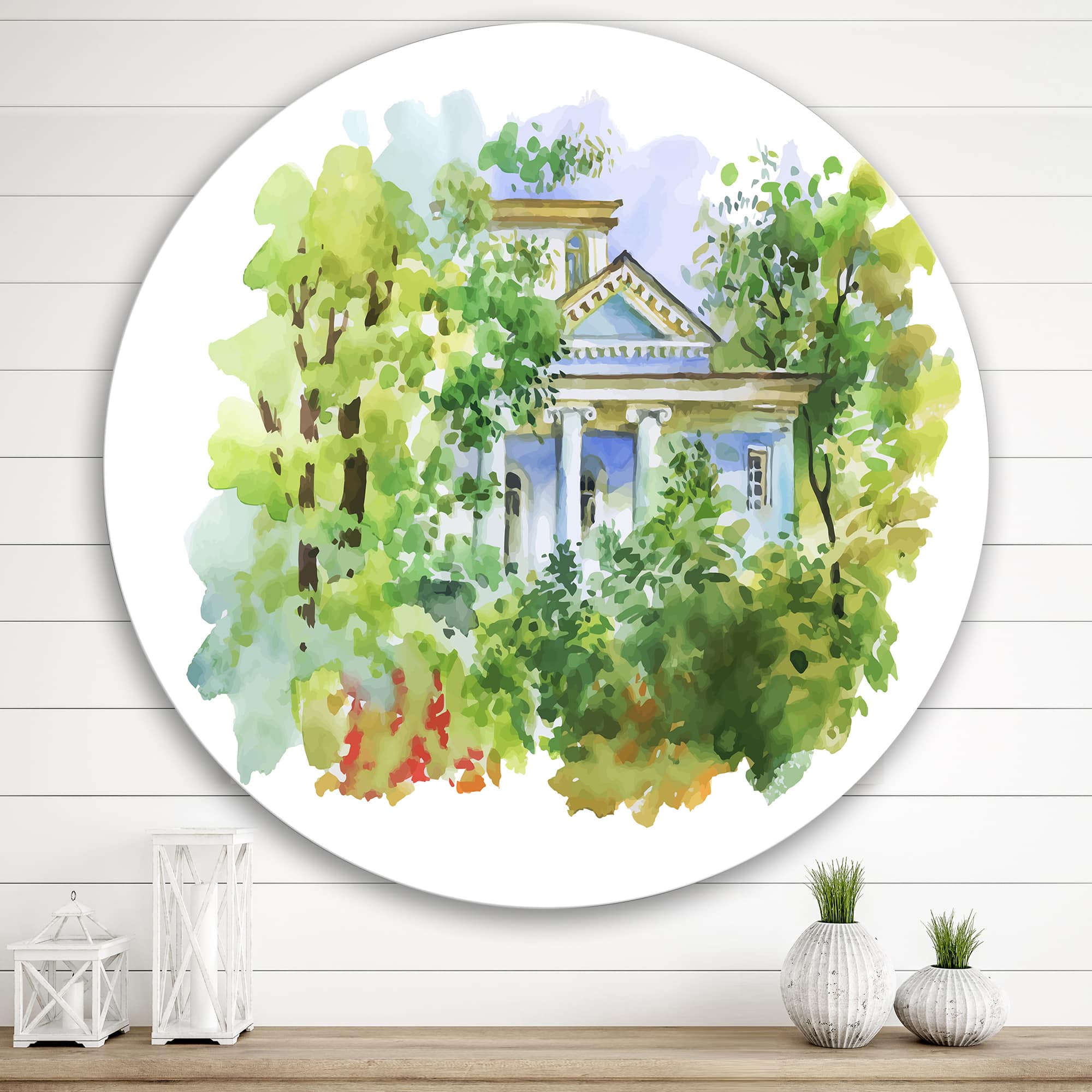 Designart - White House In The Woods - Traditional Metal Circle Wall Art