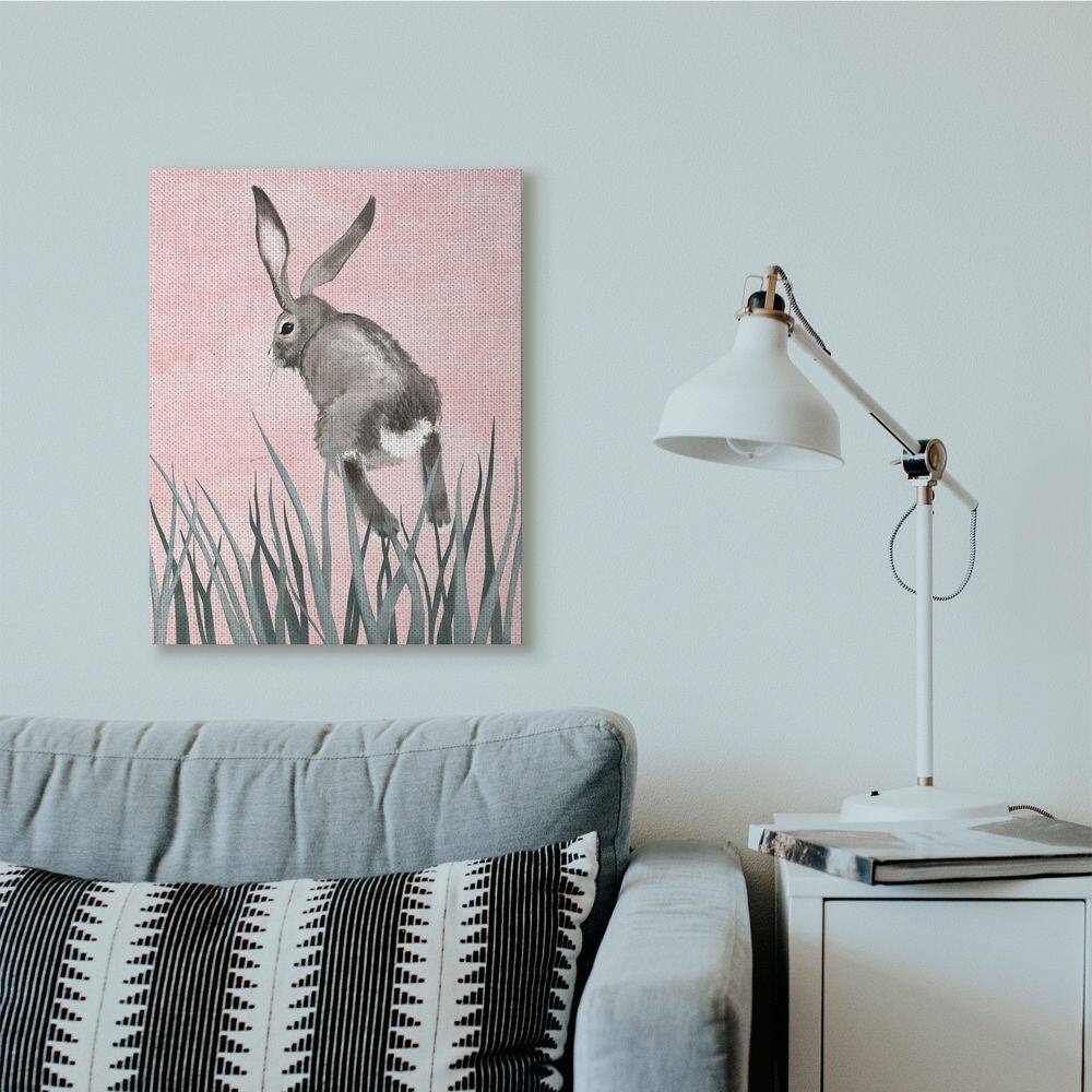 Stupell Industries Bunny Rabbit Jump Grass Pink Green Animal Painting Canvas Wall Art