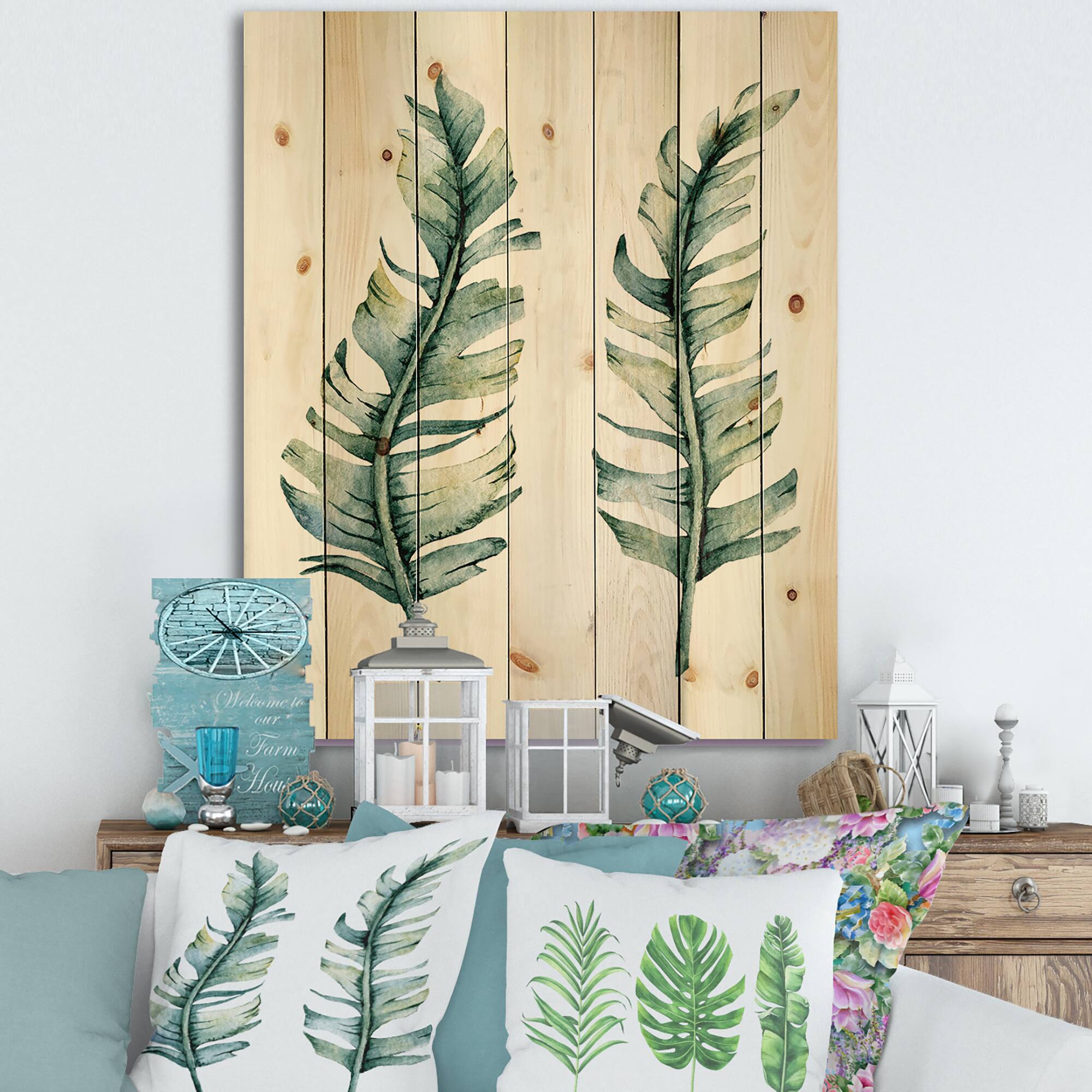 Designart - Duo of Tropical Leaves - Farmhouse Print on Natural Pine Wood
