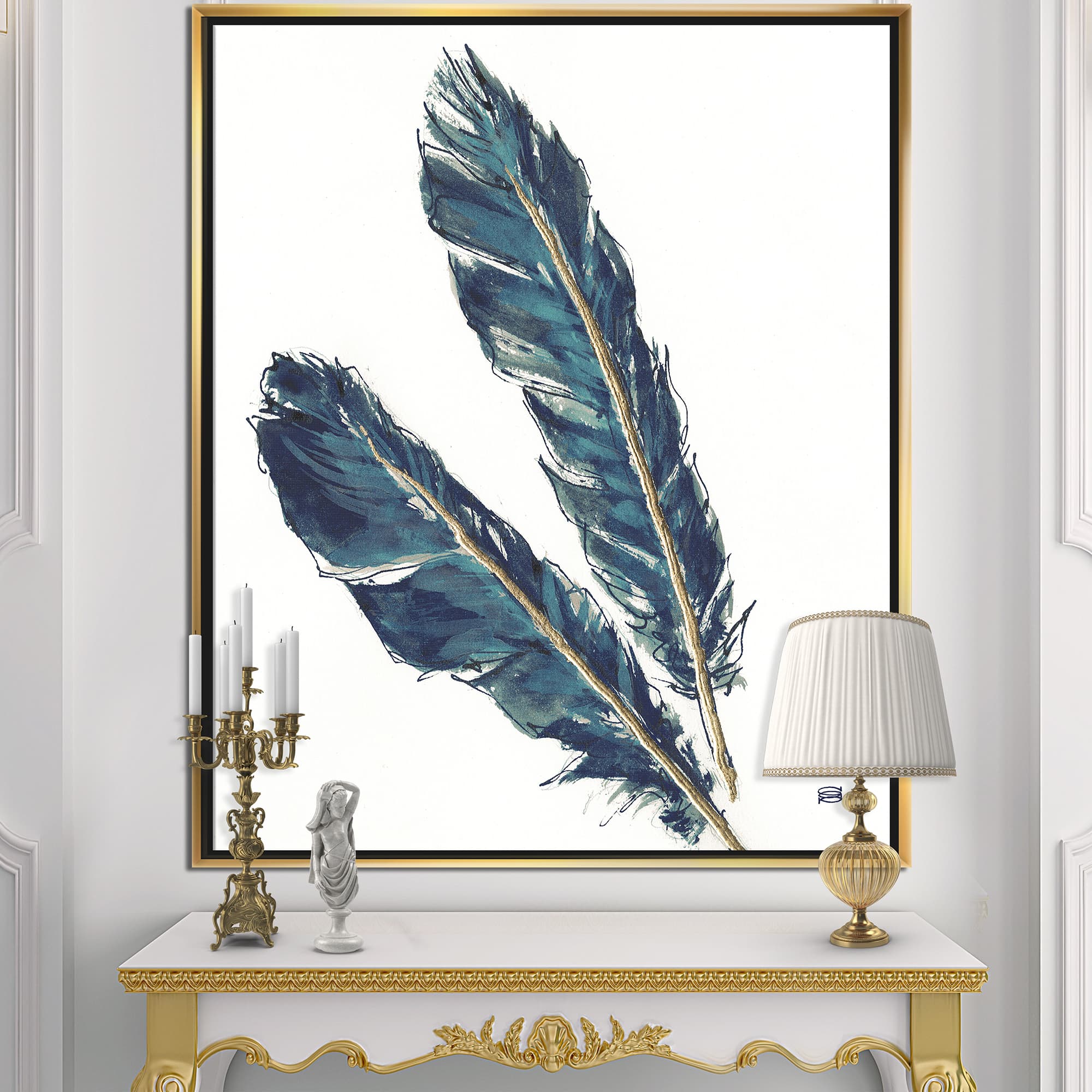 Designart - Gold Indigo Feathers III - Modern Bohemian Canvas in Gold Frame