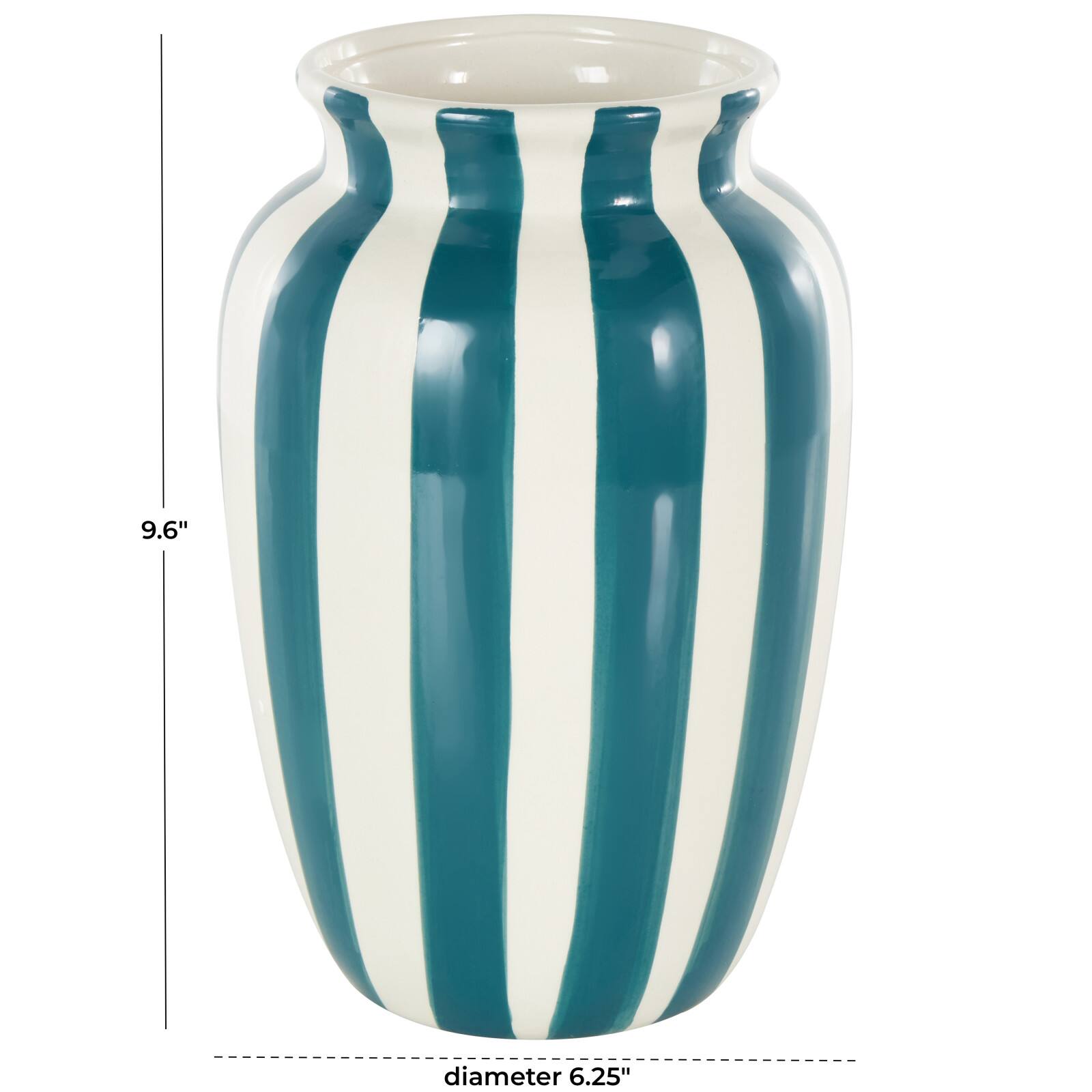 9.5" White & Teal Stripes Round Wide Ceramic Vase
