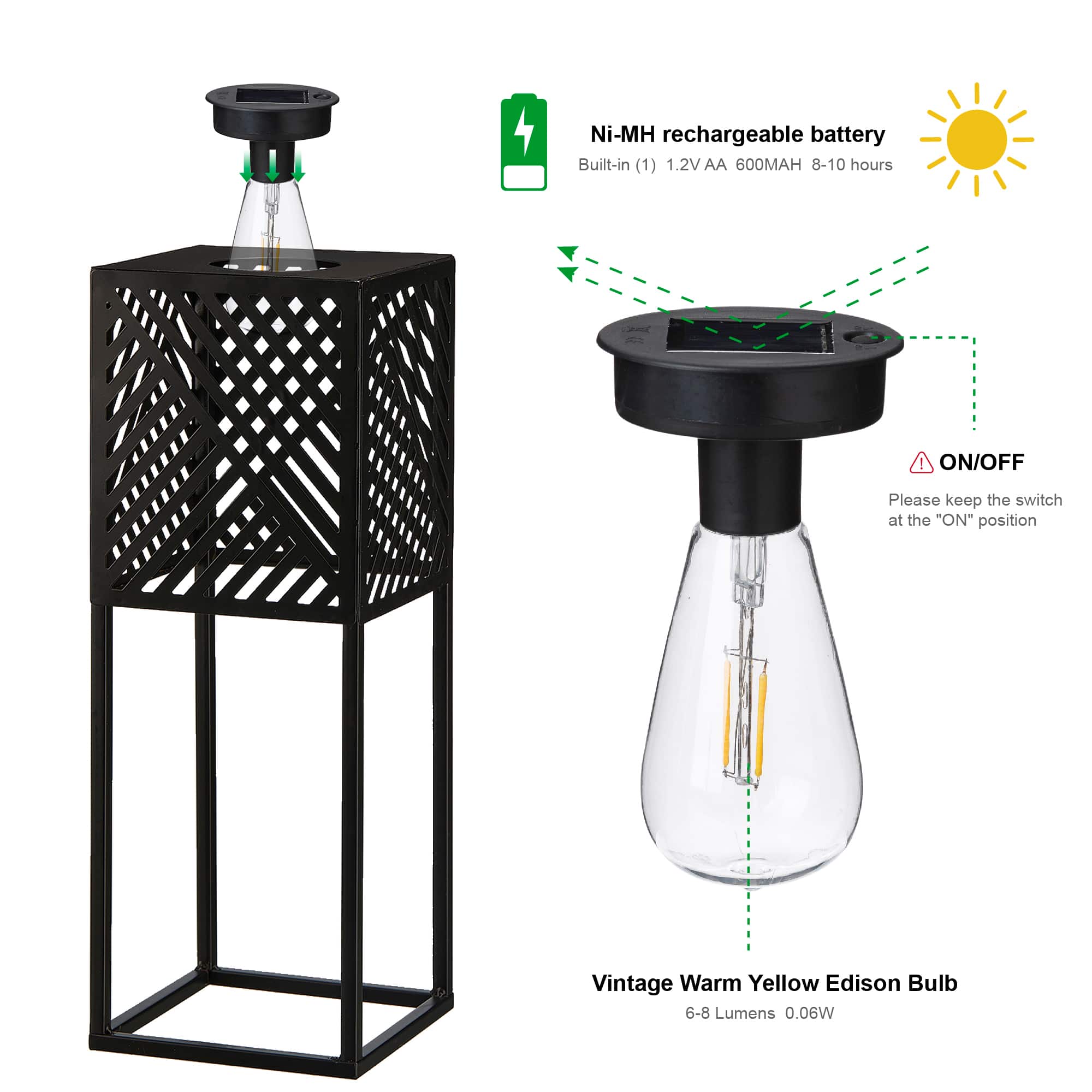 Glitzhome® Black Metal Stripes Geometric Solar Powered Edison Bulb Outdoor Lantern Set