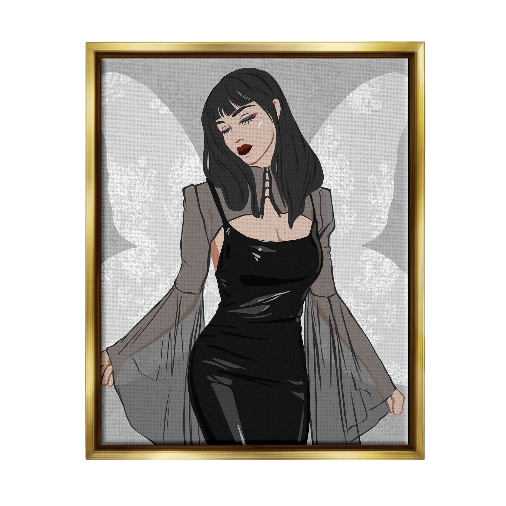 Stupell Industries Goth Fashion Girl Botanical Pattern Framed Floater Canvas Wall Art