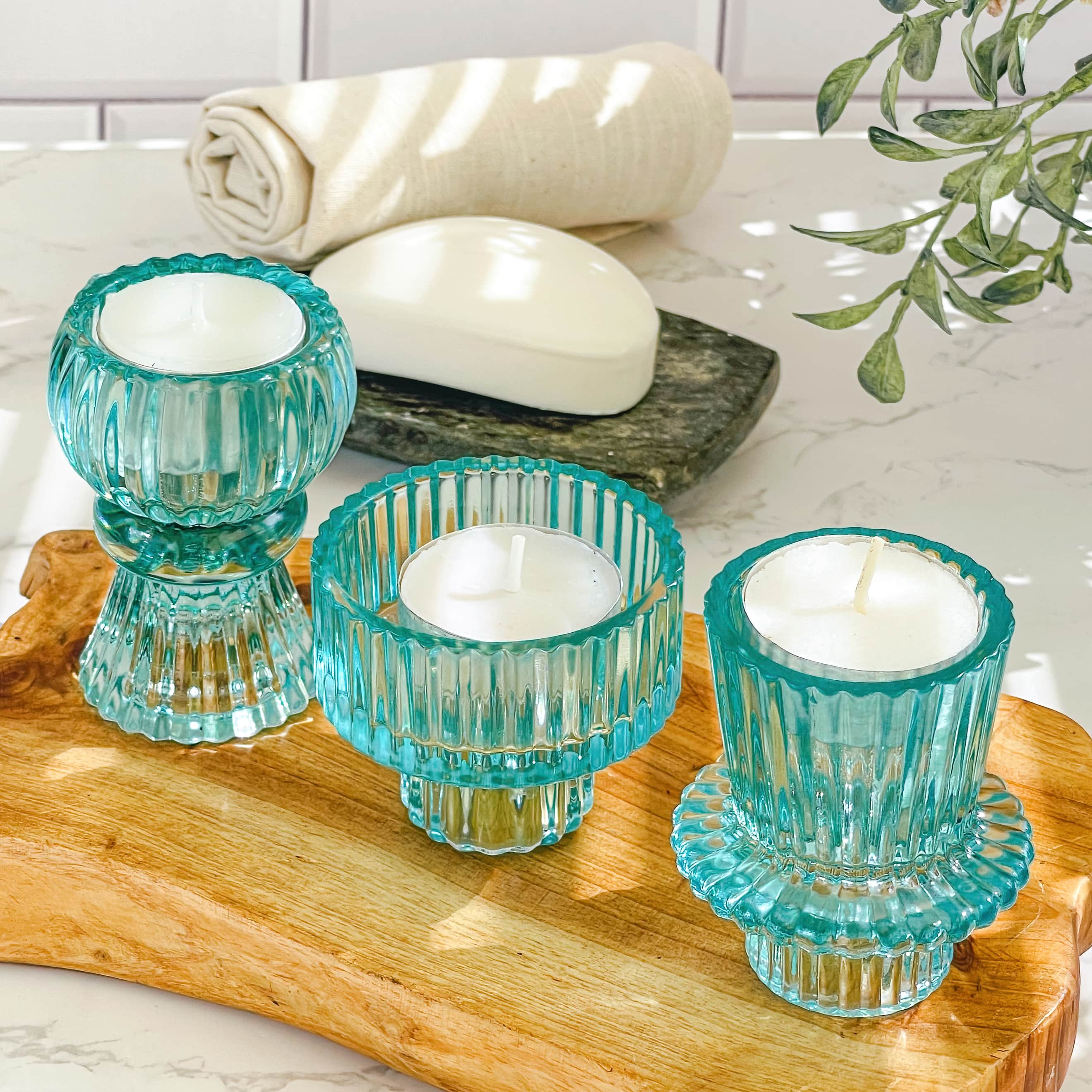 Kate Aspen® Assorted Vintage Ribbed Blue Glass Candlestick Candle Holder Set
