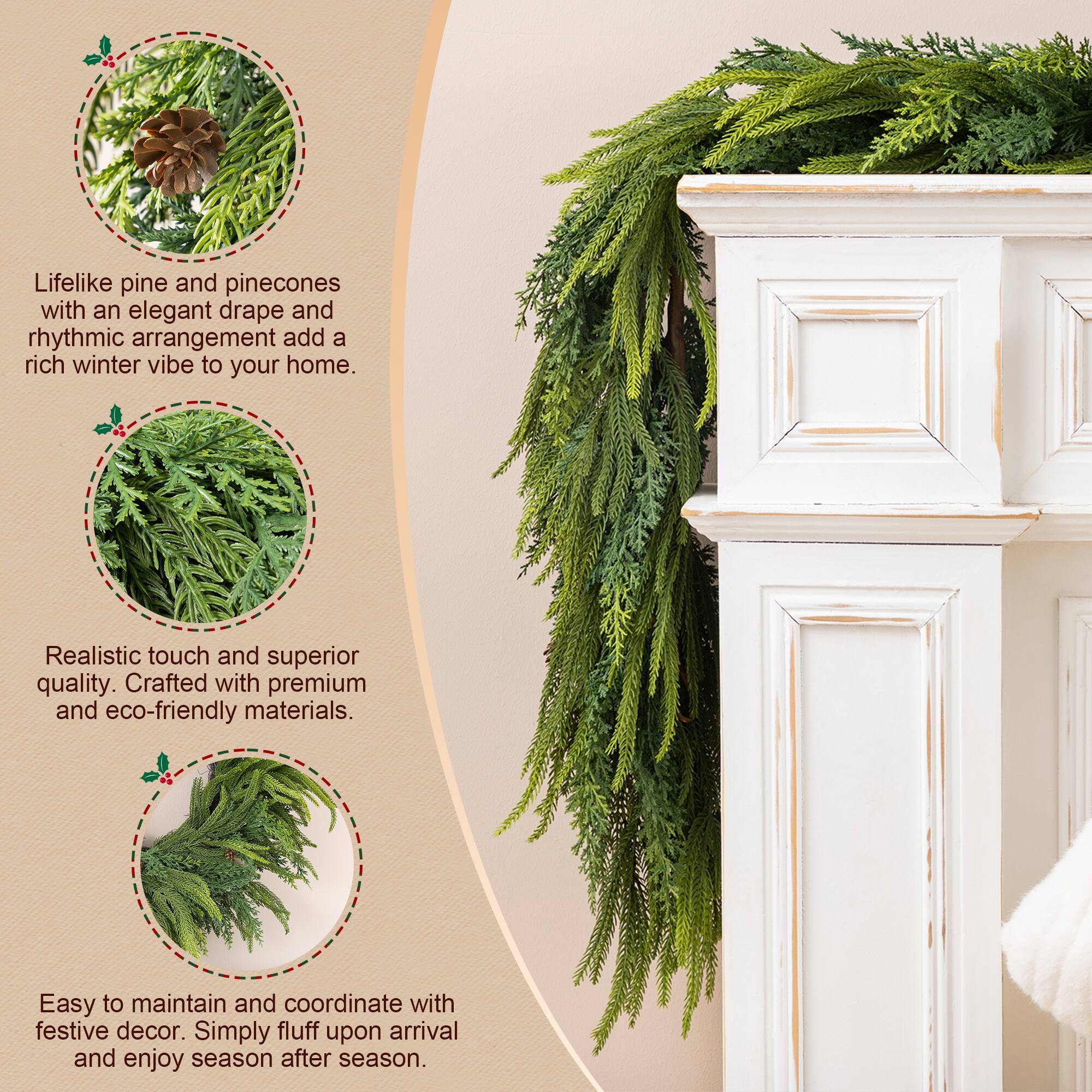 Glitzhome® 6ft. Christmas Full Greenery Mixed PE Dripping Garland with Pinecones, Set of 2