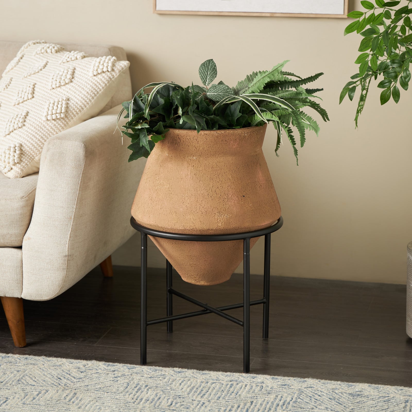 24.5" Brown Metal Wide Decorative Vase with Black Stand