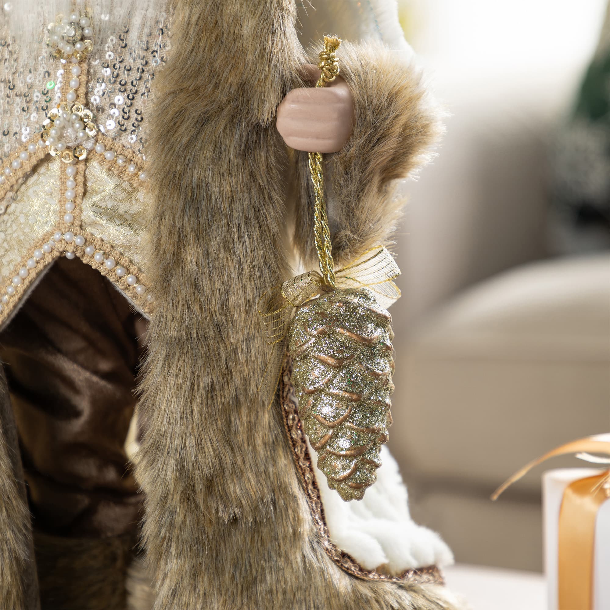 Glitzhome® 18"H Faux Fur Christmas Brown Woodland Santa Figurine with Porcelain Face