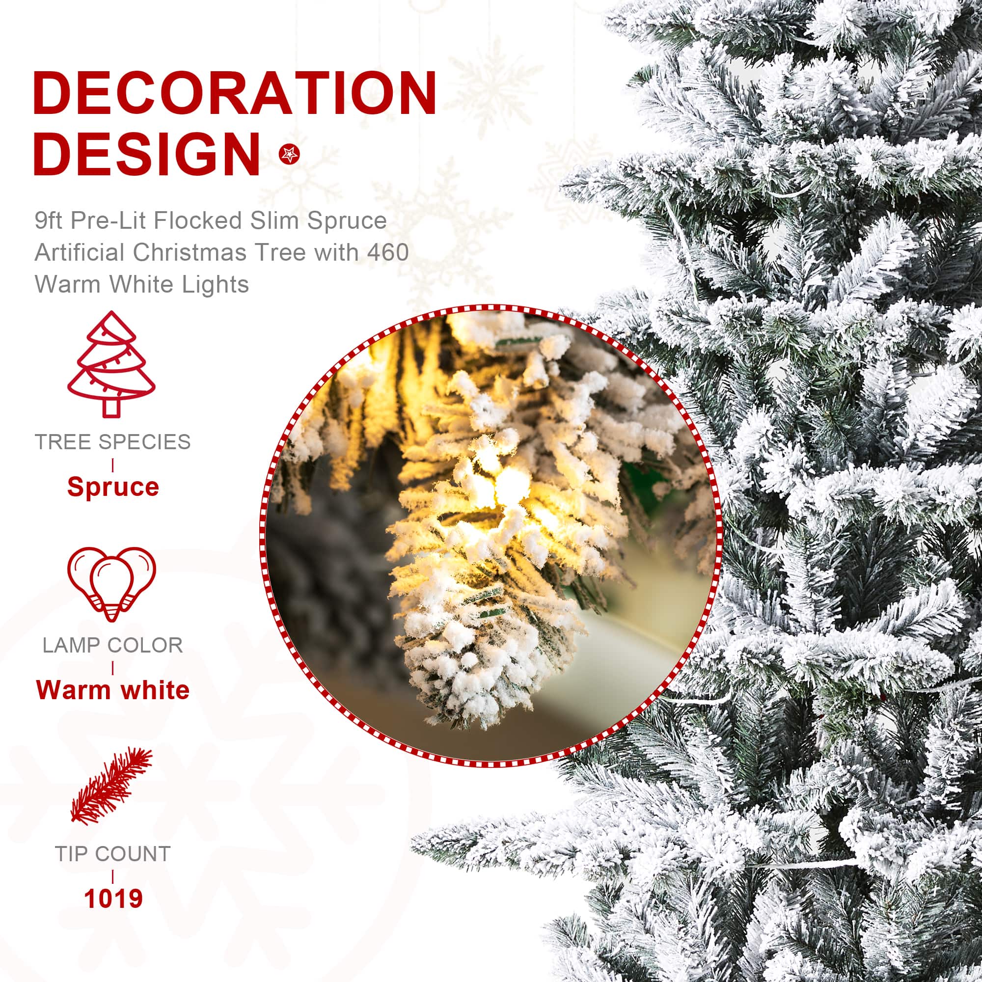 9ft. Pre-Lit Flocked Slim Spruce Artificial Christmas Tree, Warm White LED Lights