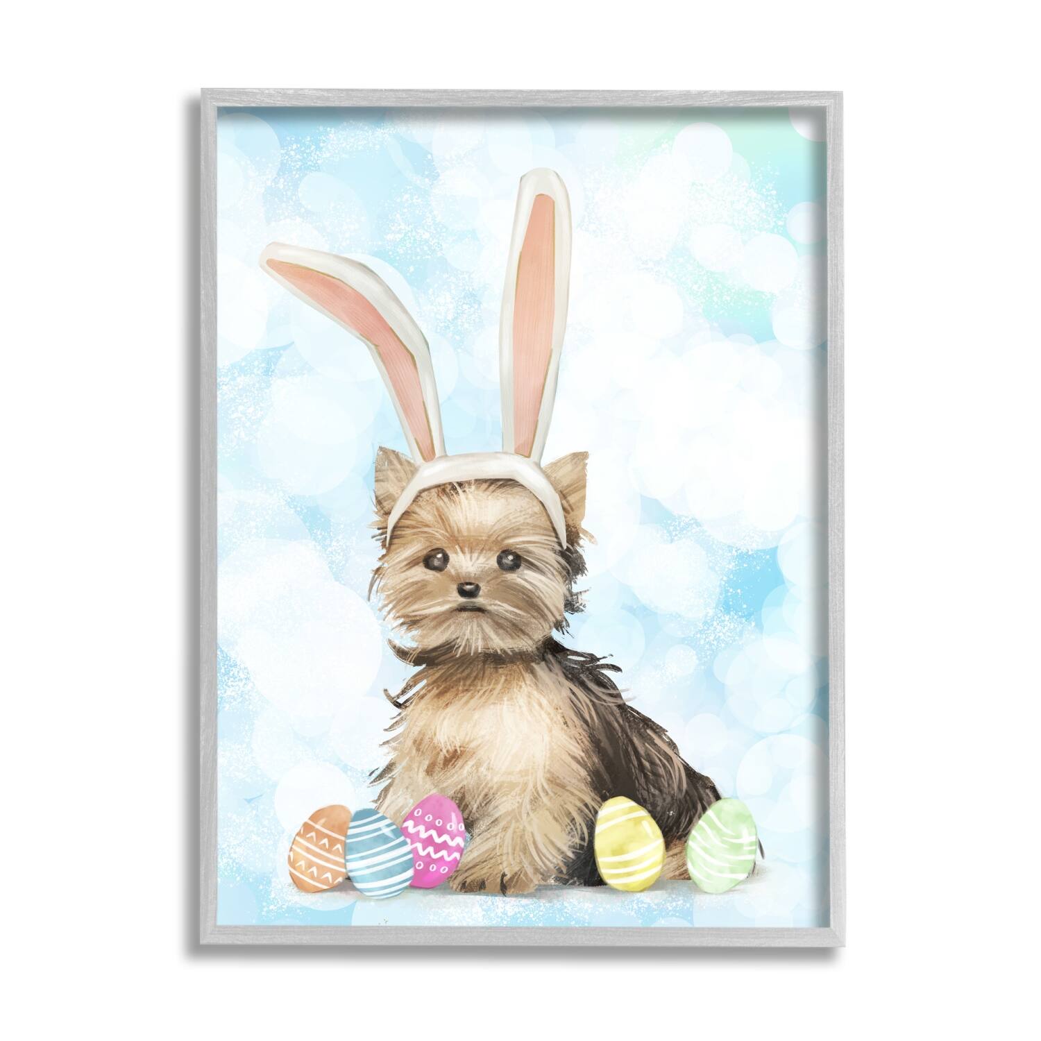 Stupell Industries Easter Yorkie Puppy Bunny Ears Patterned Eggs Framed Giclee Art