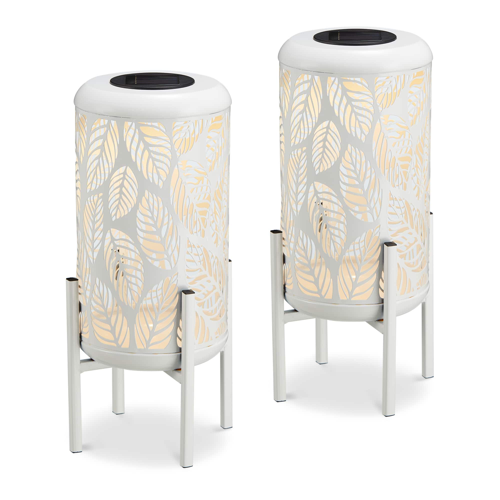 Glitzhome® 14.25" White Metal Cutout Leaves Pattern Solar Powered LED Outdoor Lanterns, 2ct.
