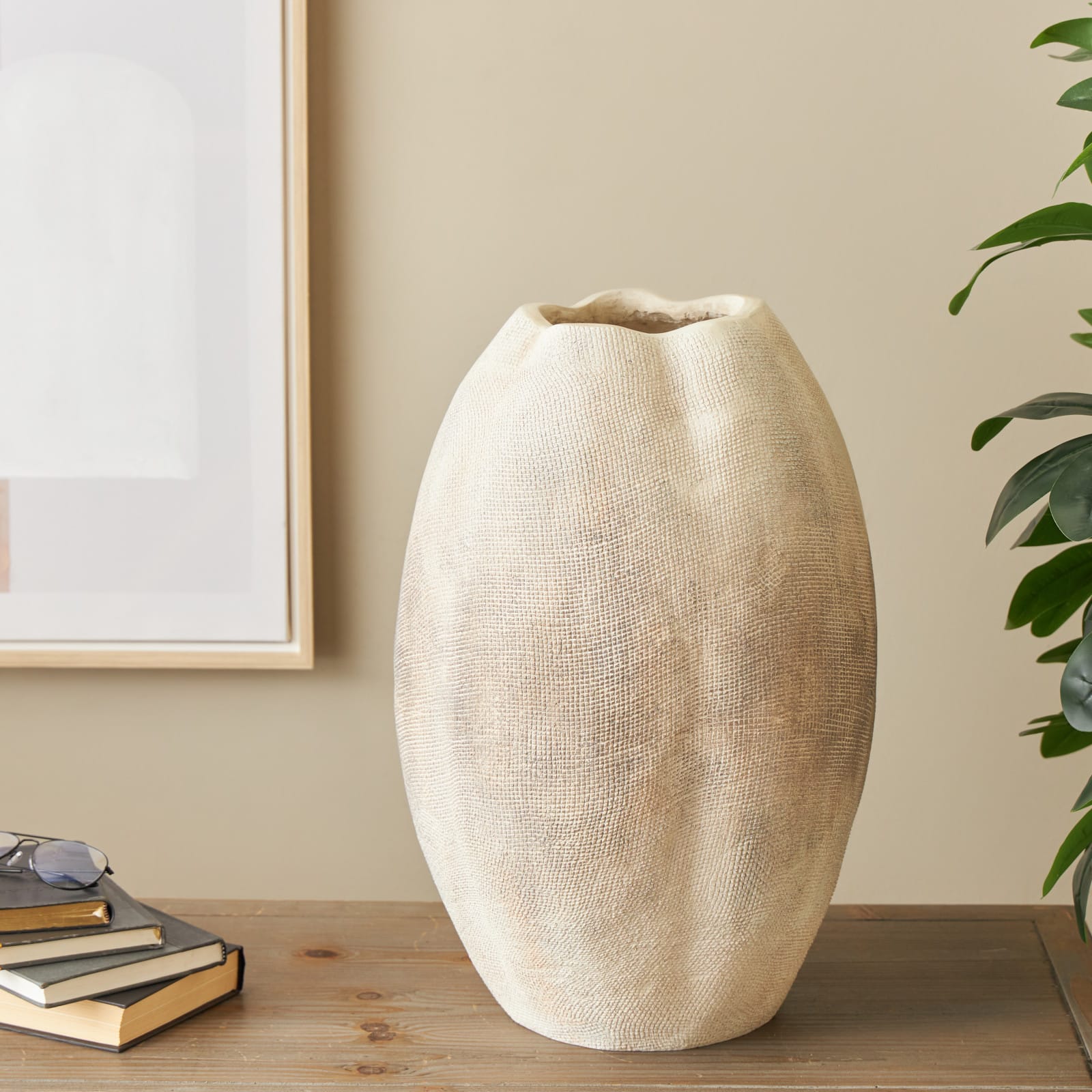 20" Cream Antique with Checkered Patterns Magnesium Oxide Decorative Vase