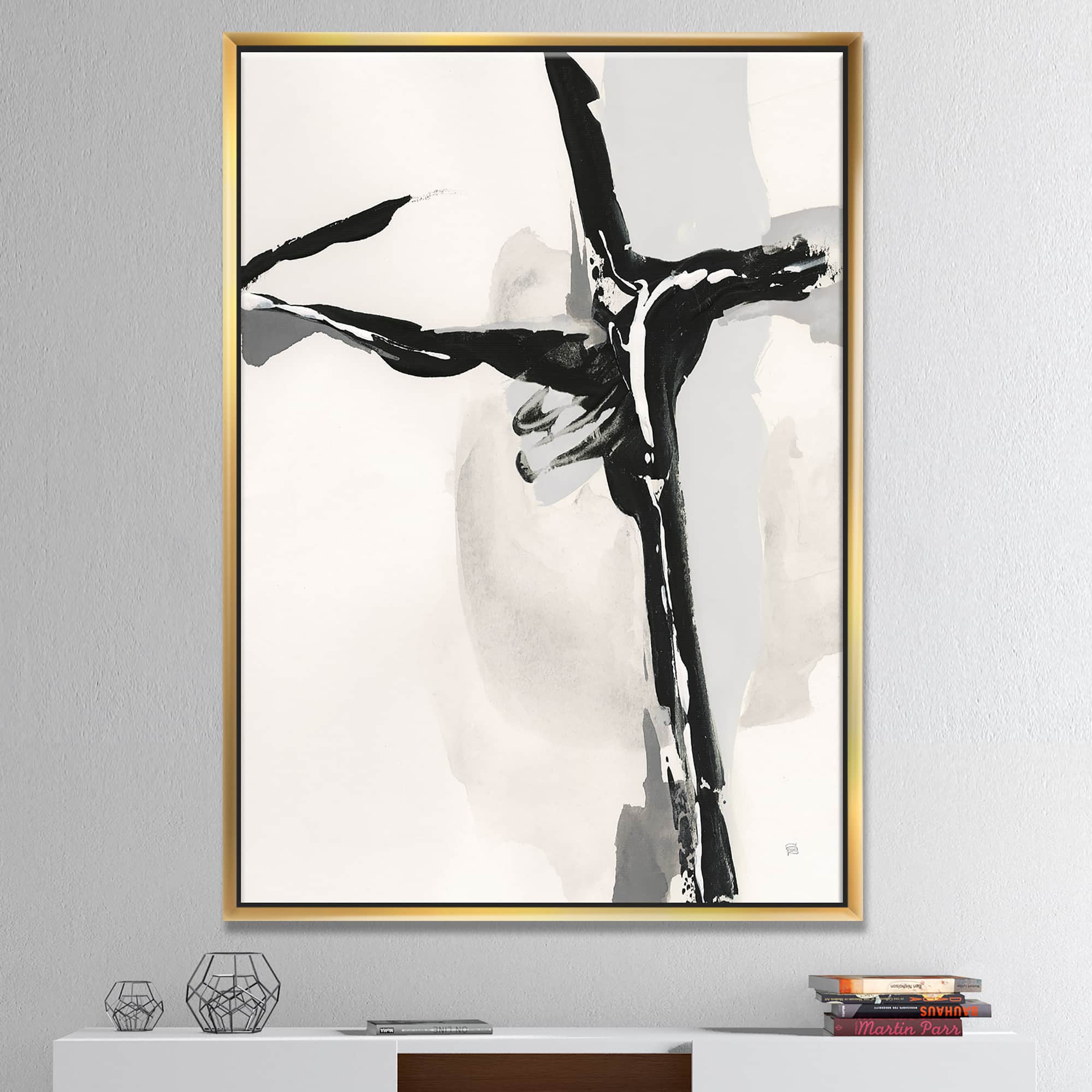 Designart - Abstract Neutral II - Mid-Century Modern Canvas in Gold Frame