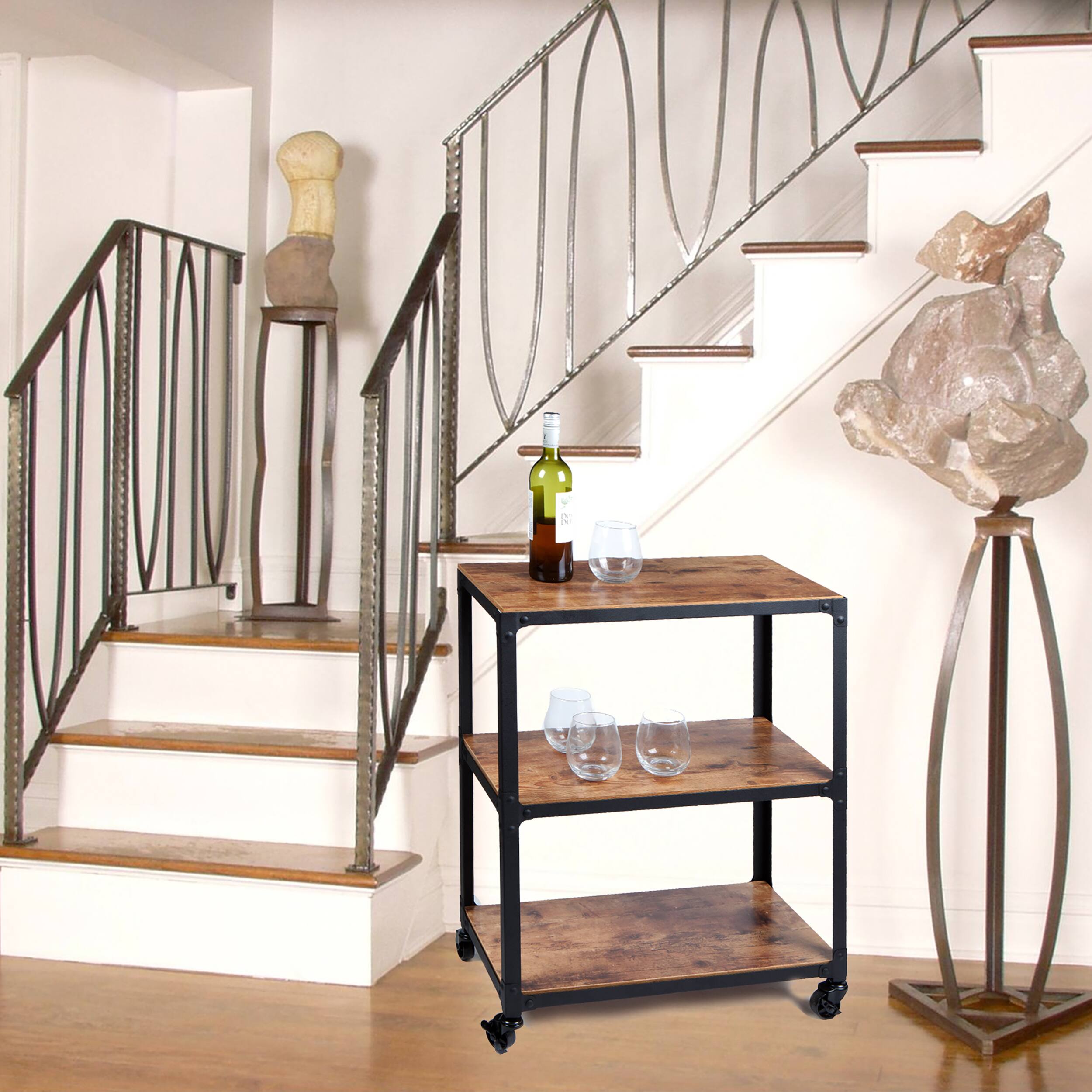 Mind Reader 30" Brown & Black 3-Tier Rolling Bar Cart