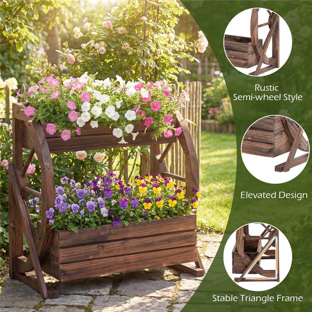Costway 22" x 13" x 22" 2-Tier Rustic Wood Wagon Planter with Drainage Semi-Wheels Set