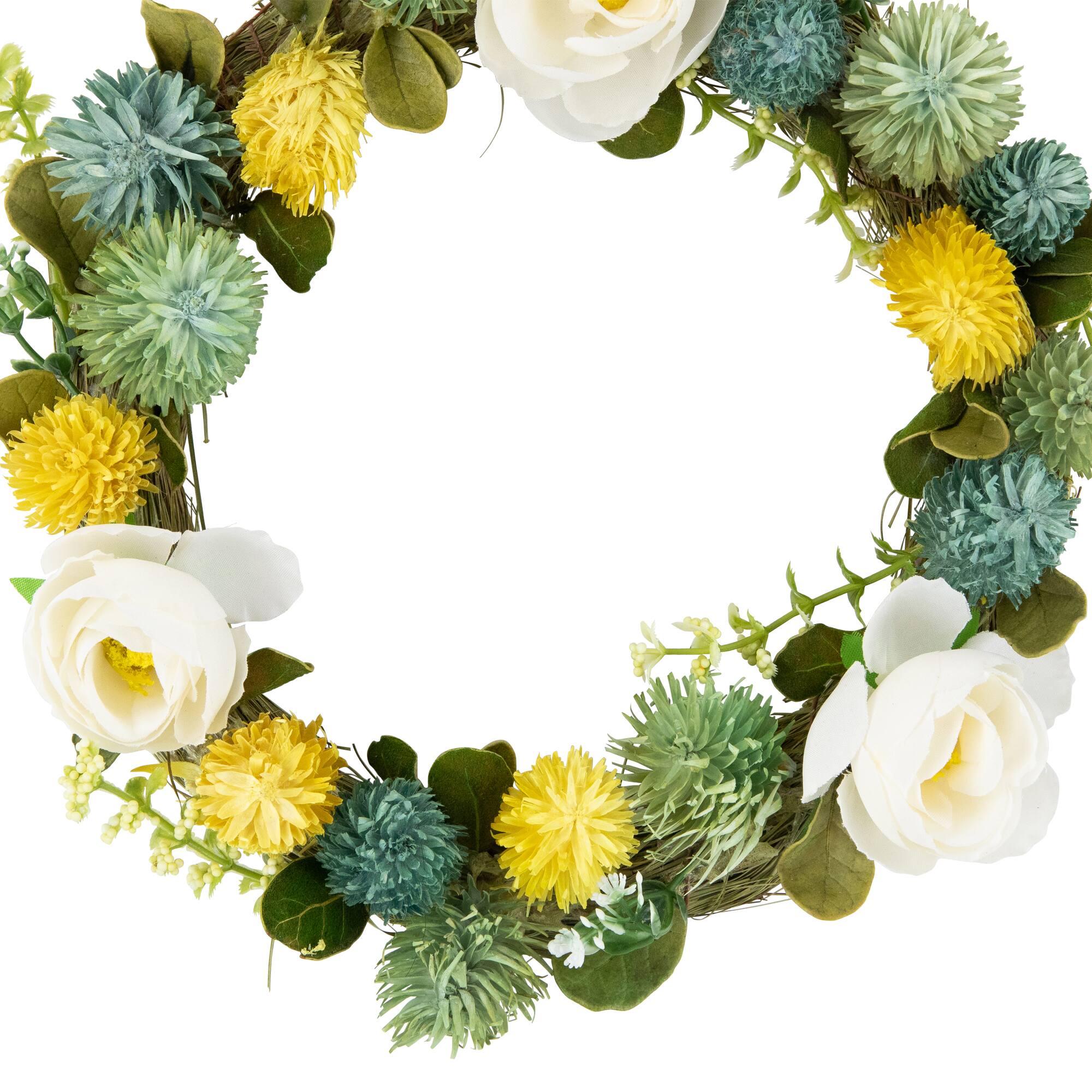 9" Cream Rose, Green & Yellow Thistle Hanging Spring Wreath