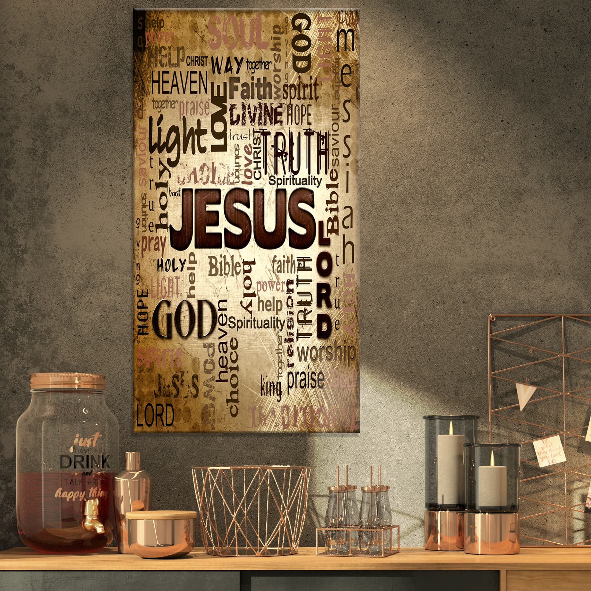 Designart - Jesus' word cloud in grunge background