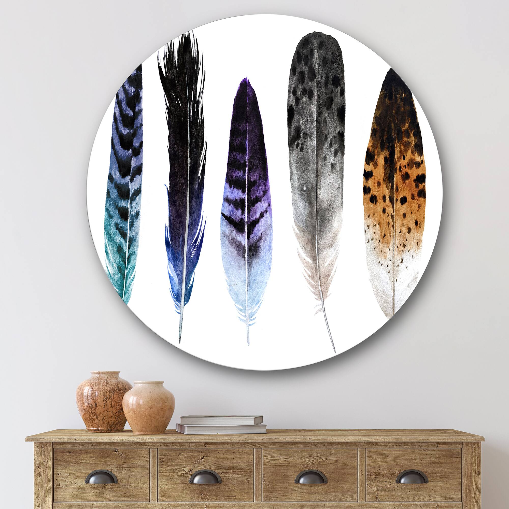 Designart - Colourful Boho Feathers II - Bohemian & Eclectic Metal Circle Wall Art