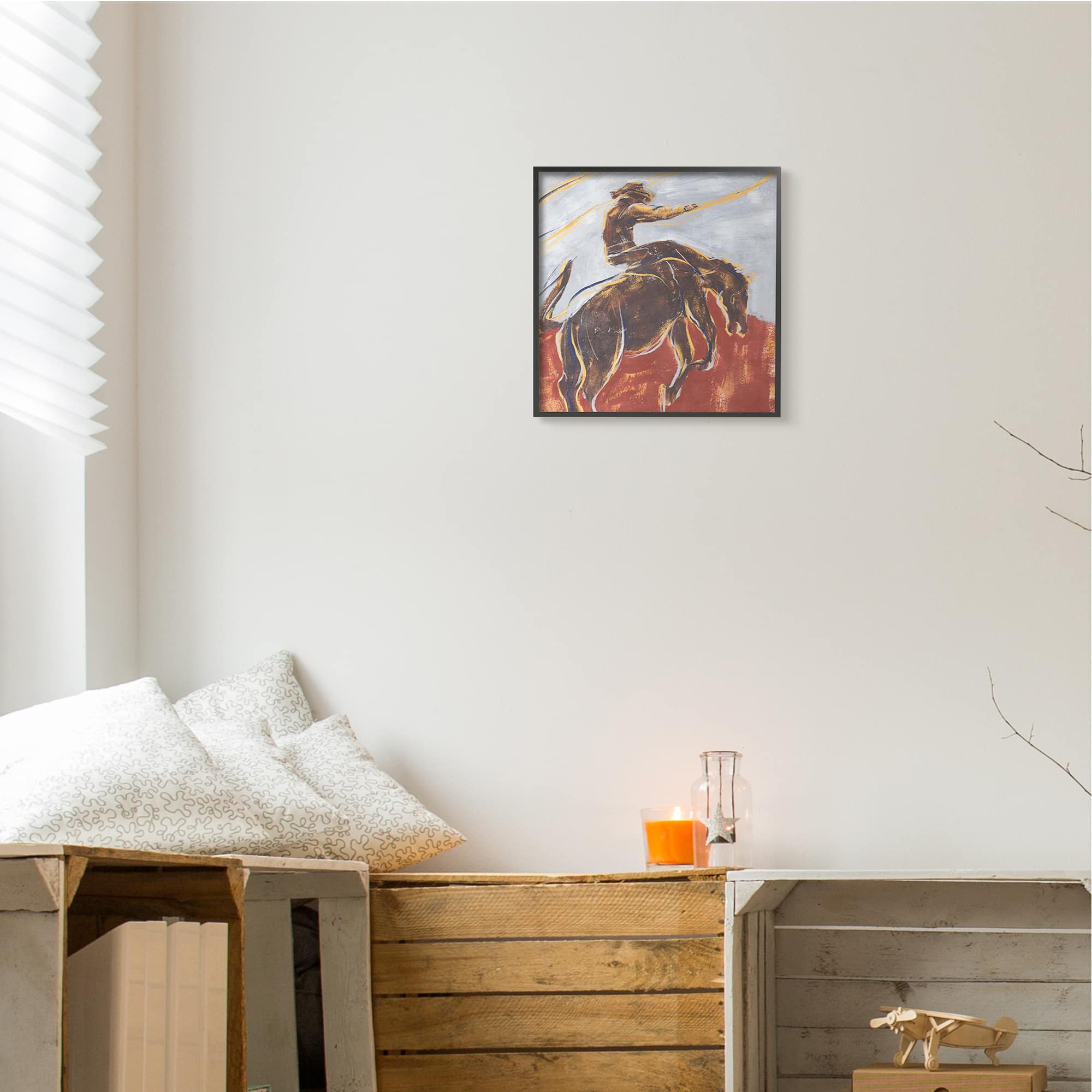 Stupell Industries Western Cowboy Lasso Horse Buck Red Blue Black Framed Wall Art