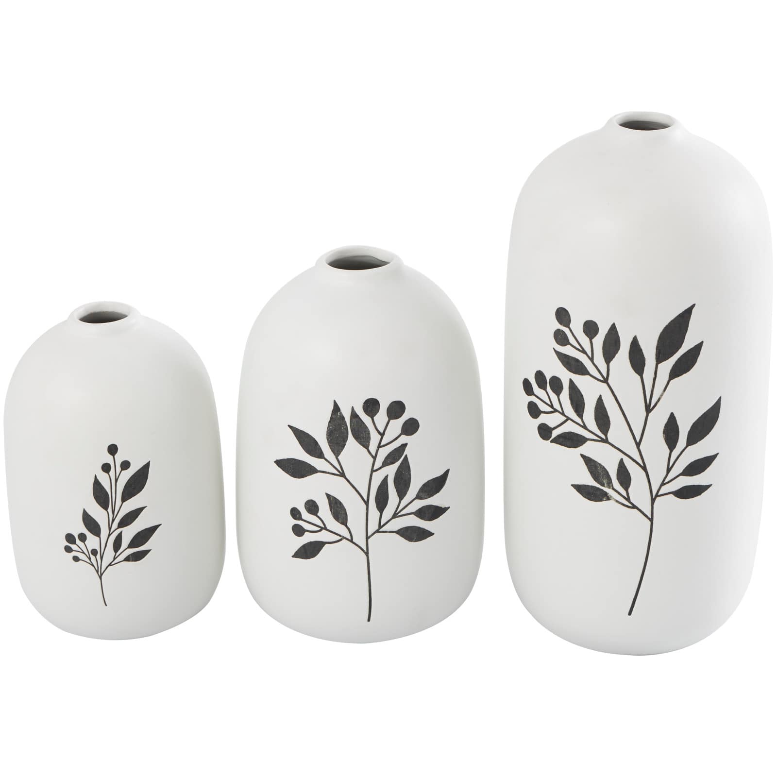 White Ceramic Vase with Black Leaf & Berry Prints Set
