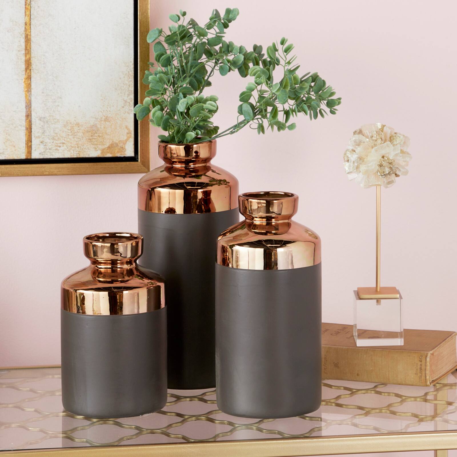 CosmoLiving by Cosmopolitan Set of 3 Grey Ceramic Contemporary Vase, 8", 10", 12"