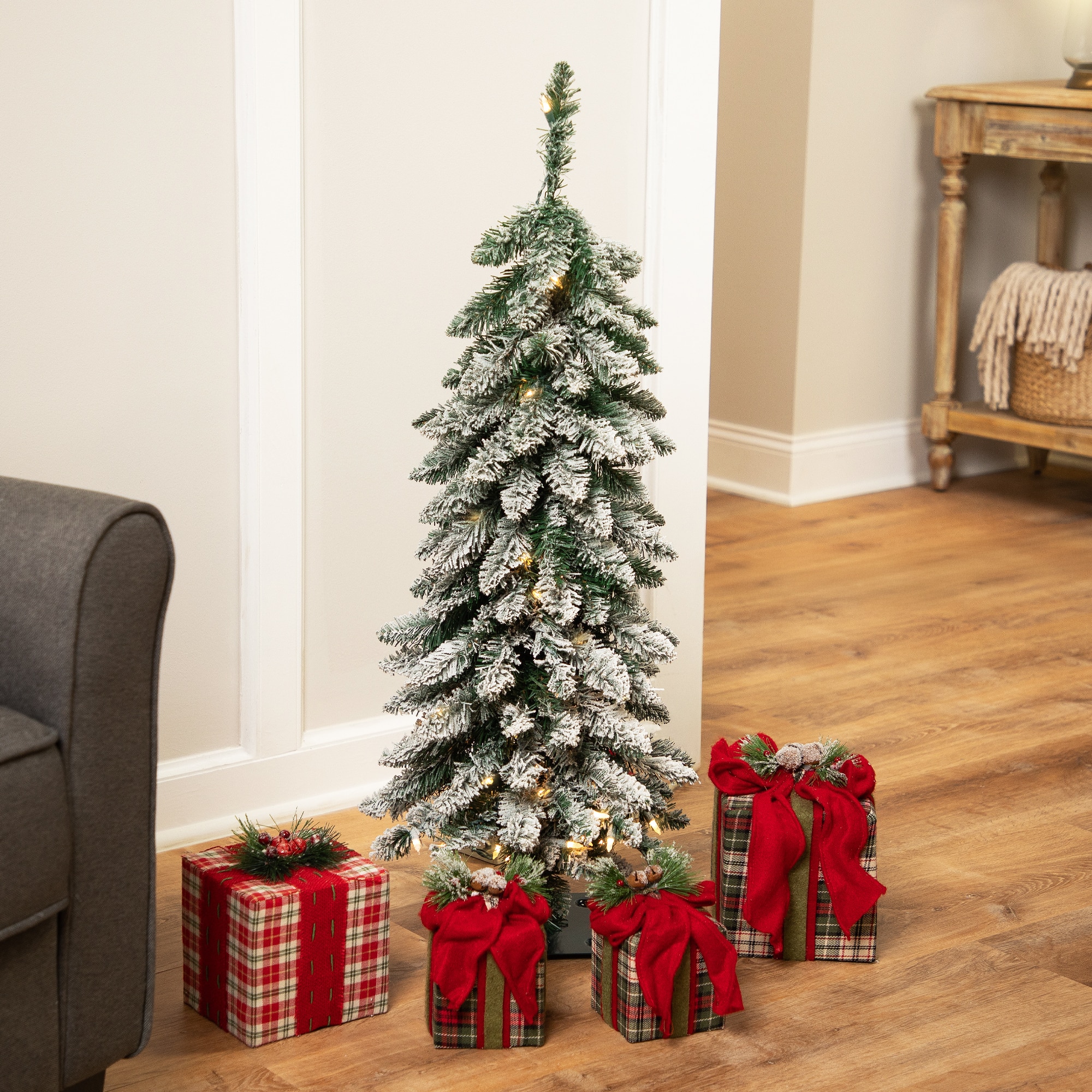 3.5ft. Pre-Lit Flocked Alpine Artificial Christmas Tree, Clear Lights
