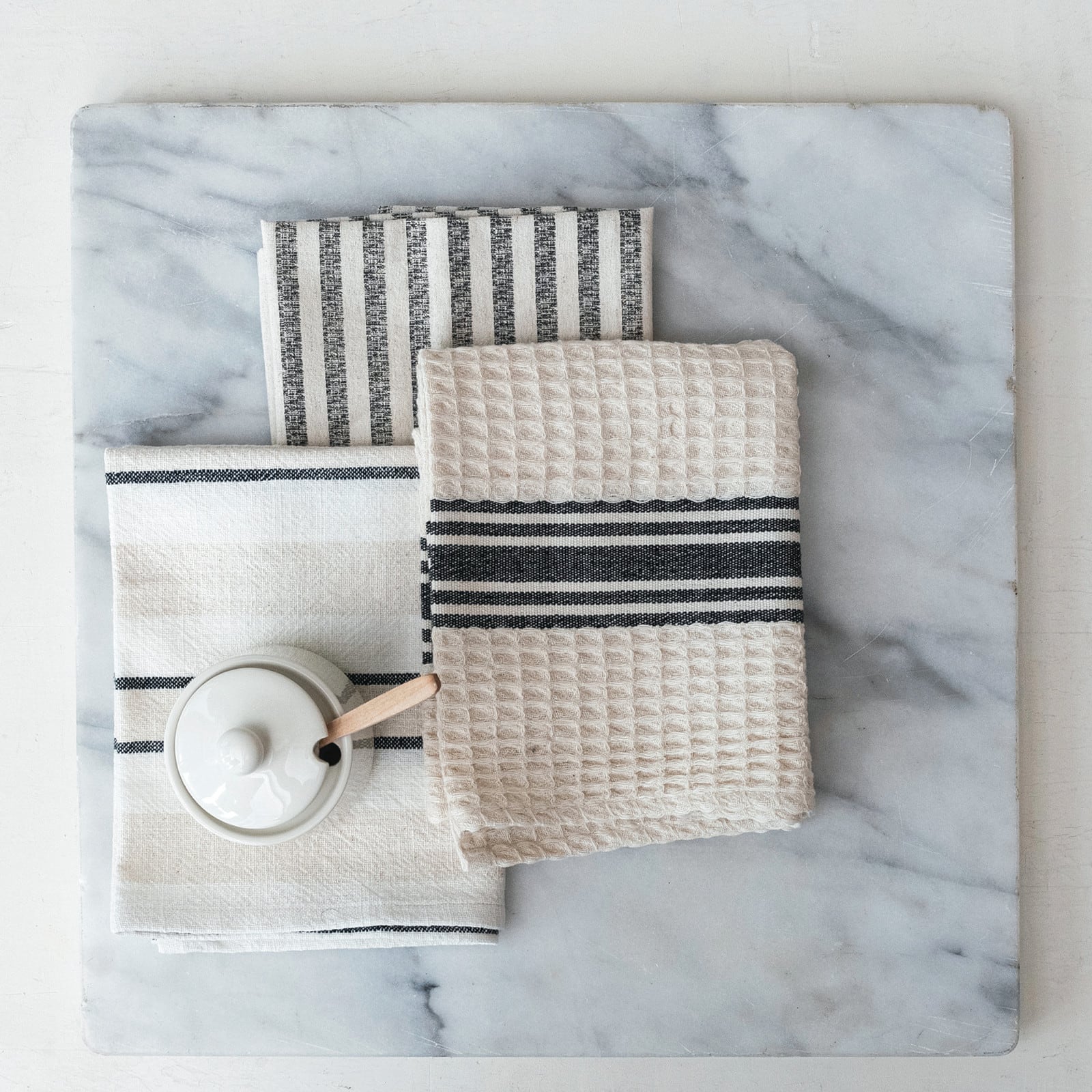 Hello Honey® White & Black Eclectic Cotton Slub Weave Tea Towels Set