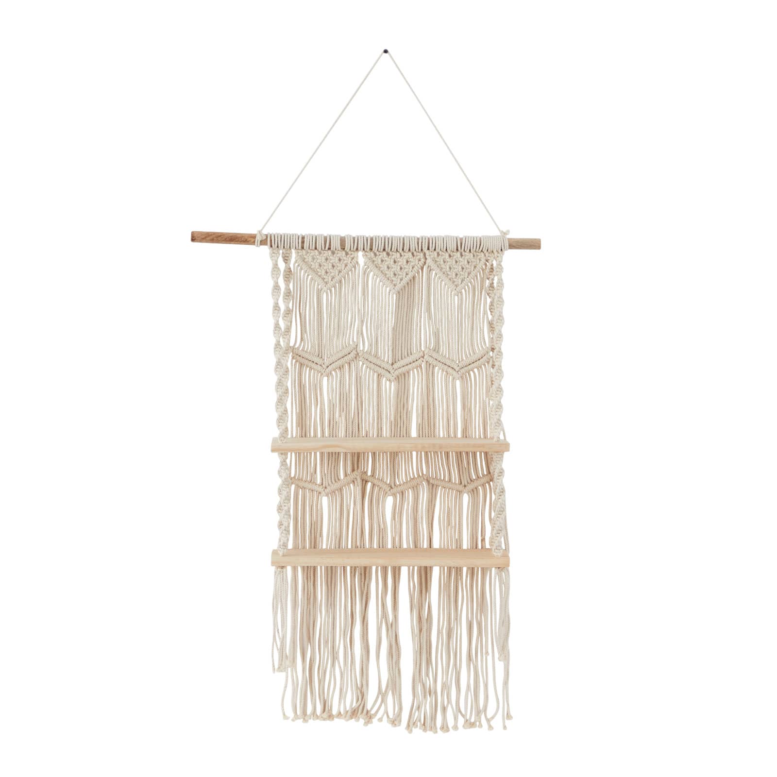 White Cotton Handmade 2 Shelves Macrame Wall Shelf 25" x 6" x 49"