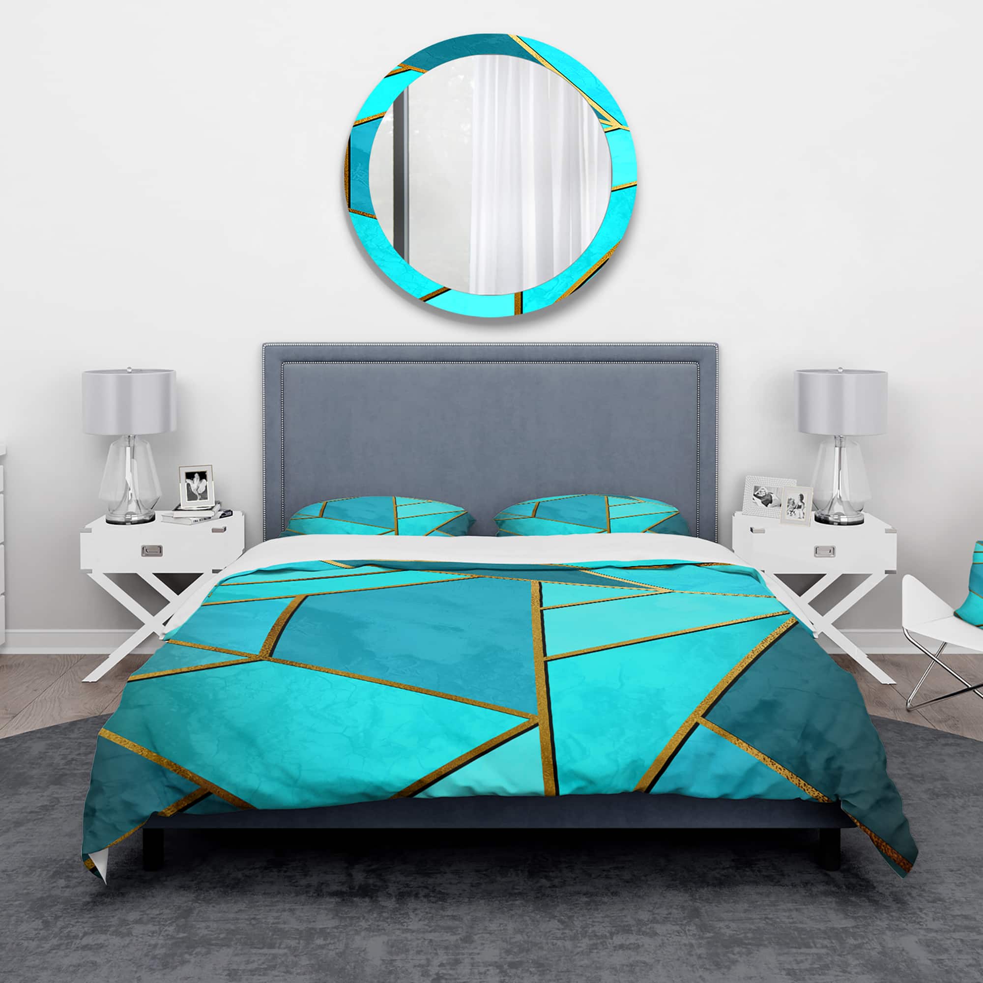 Designart 'Yellow Triangular Geometry over Background of Shades of Cyan' Modern & Contemporary Bedding Set