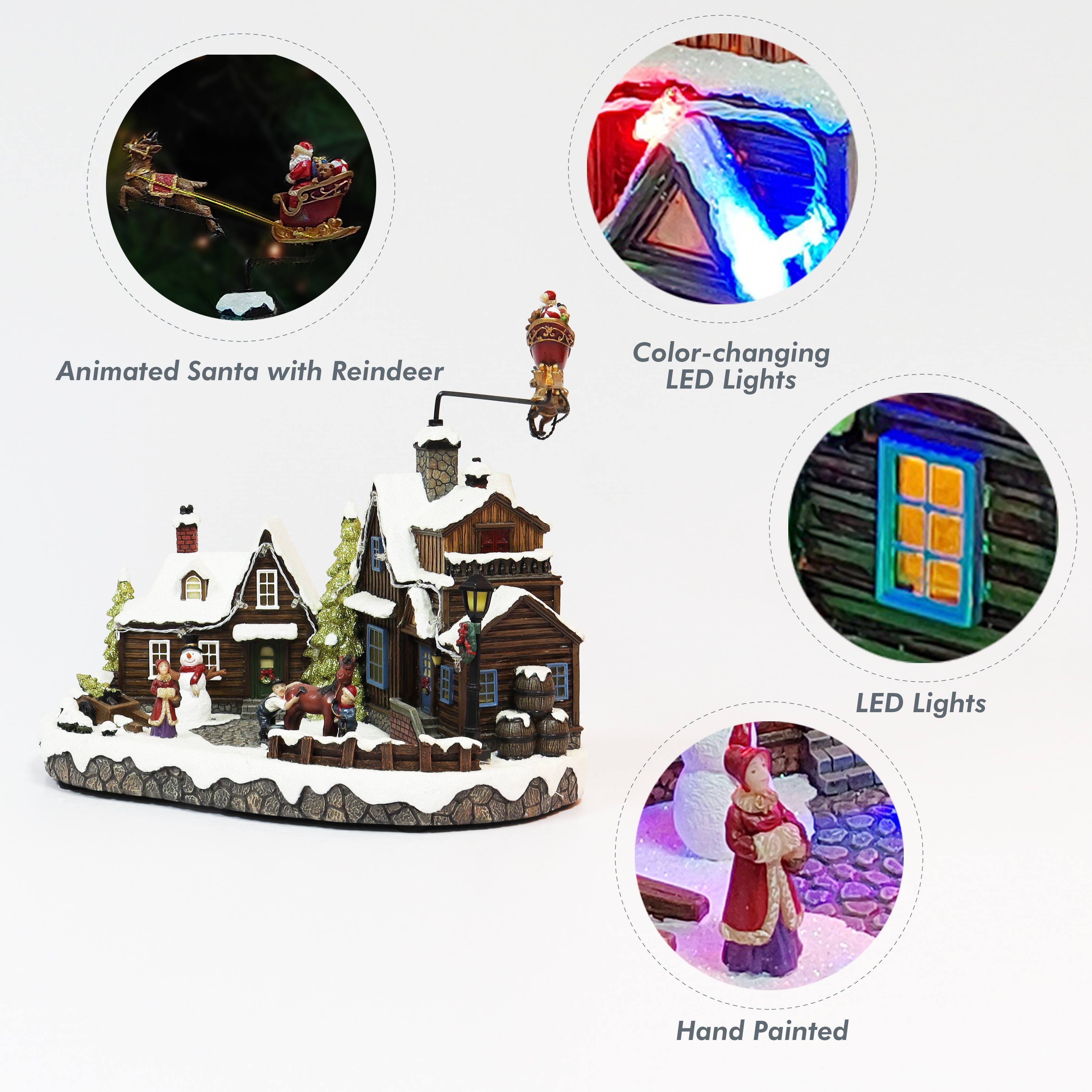 Moments in Time 10.63” Animated Santa with Reindeer Flying Over Homes Décor