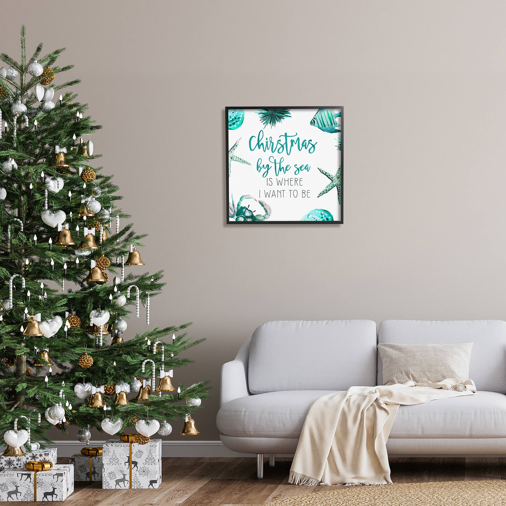 Stupell Industries Christmas By The Sea Phrase Framed Giclee Art