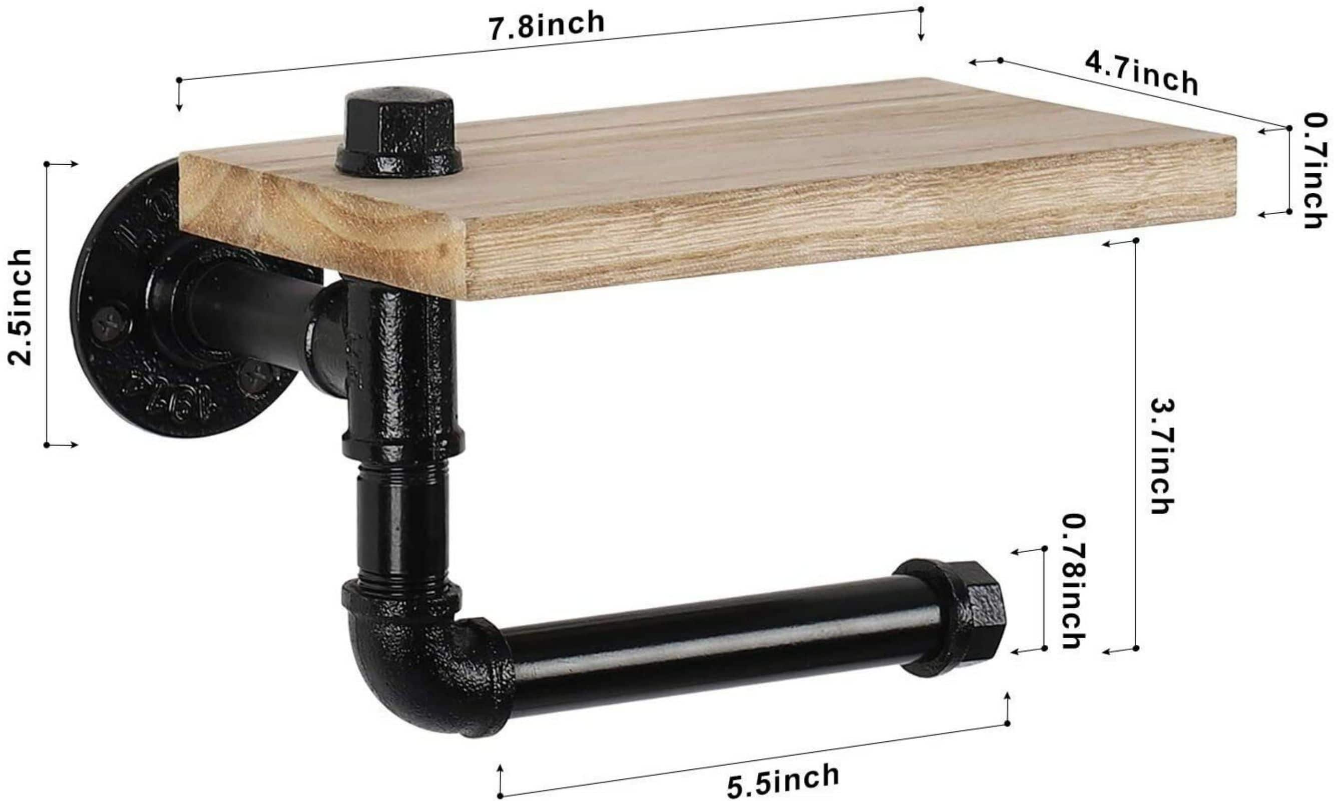 Natural Brown Industrial Wall-Mounted Rustic Toilet Paper Holder with Wood Shelf