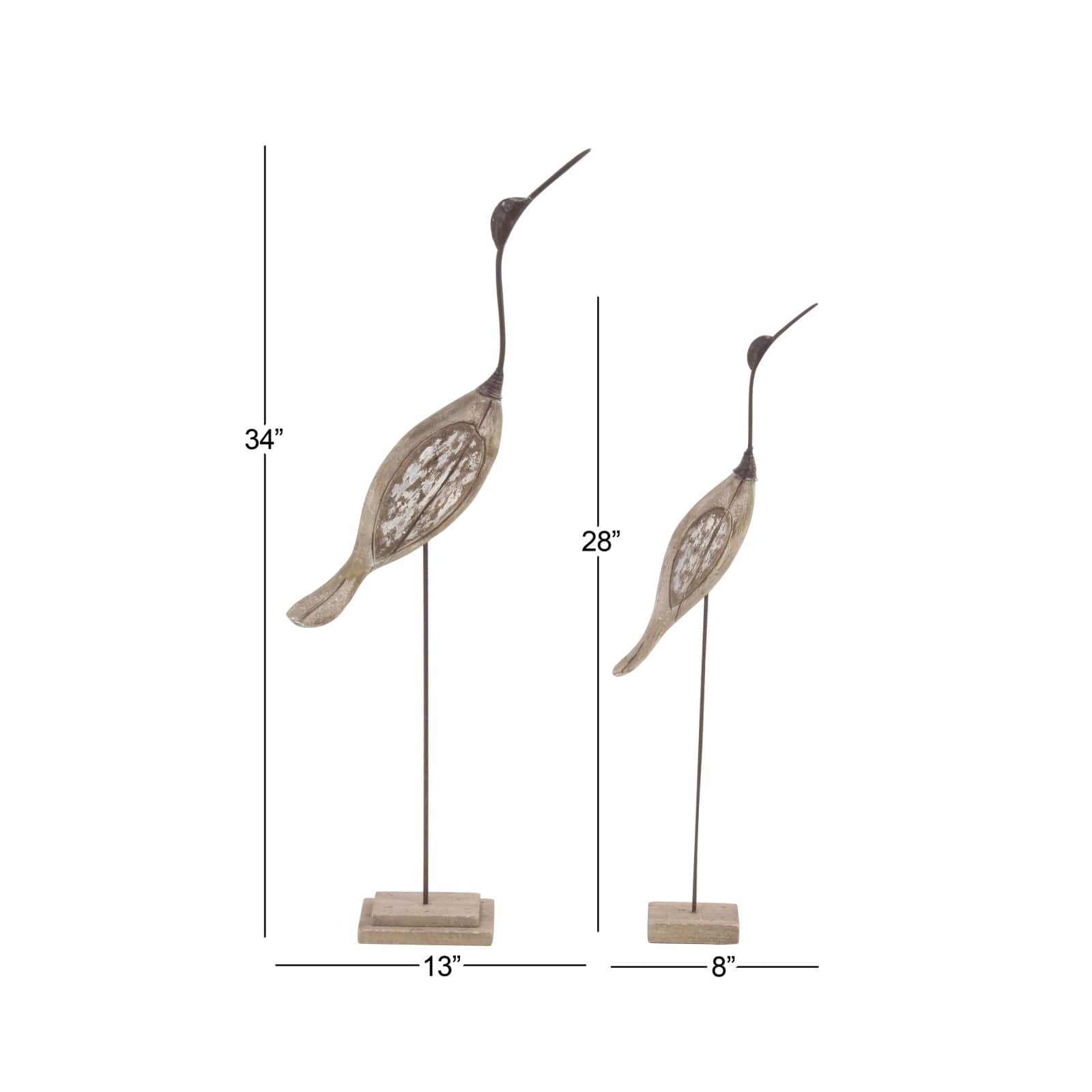Set of 2 Brown Wood Coastal Bird Sculpture, 28", 34"