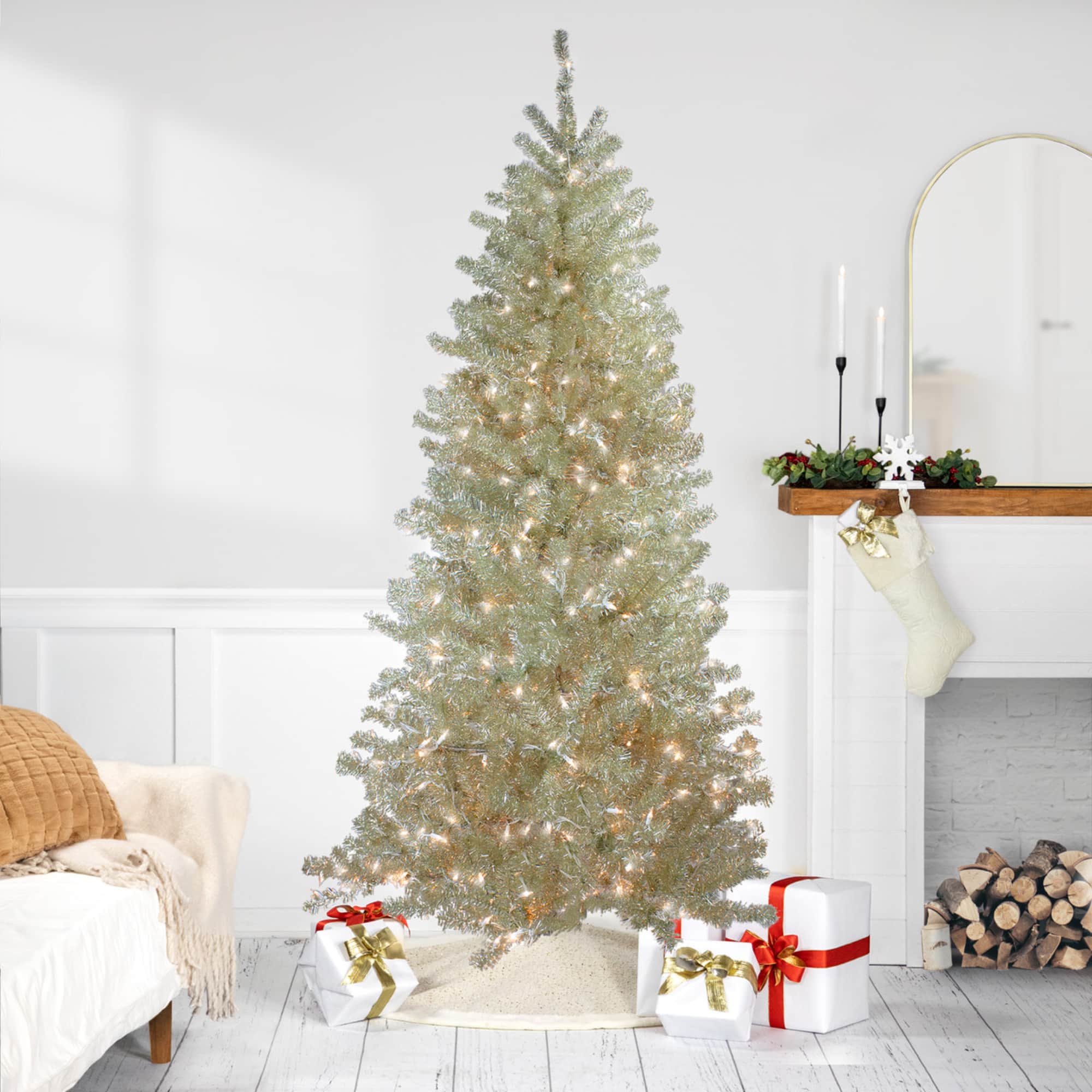 6ft. Pre-Lit Silver Champagne Tinsel Artificial Christmas Tree, Clear Lights