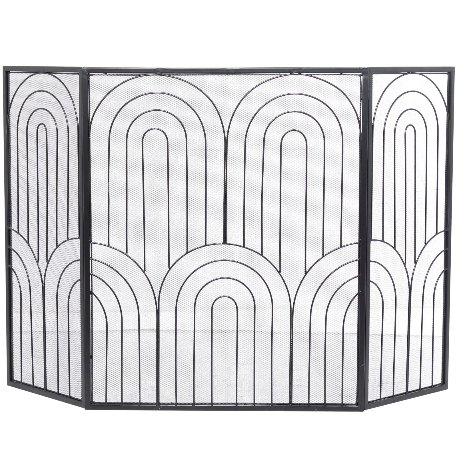 Black Metal Art Deco 3-Panel Fireplace Screen