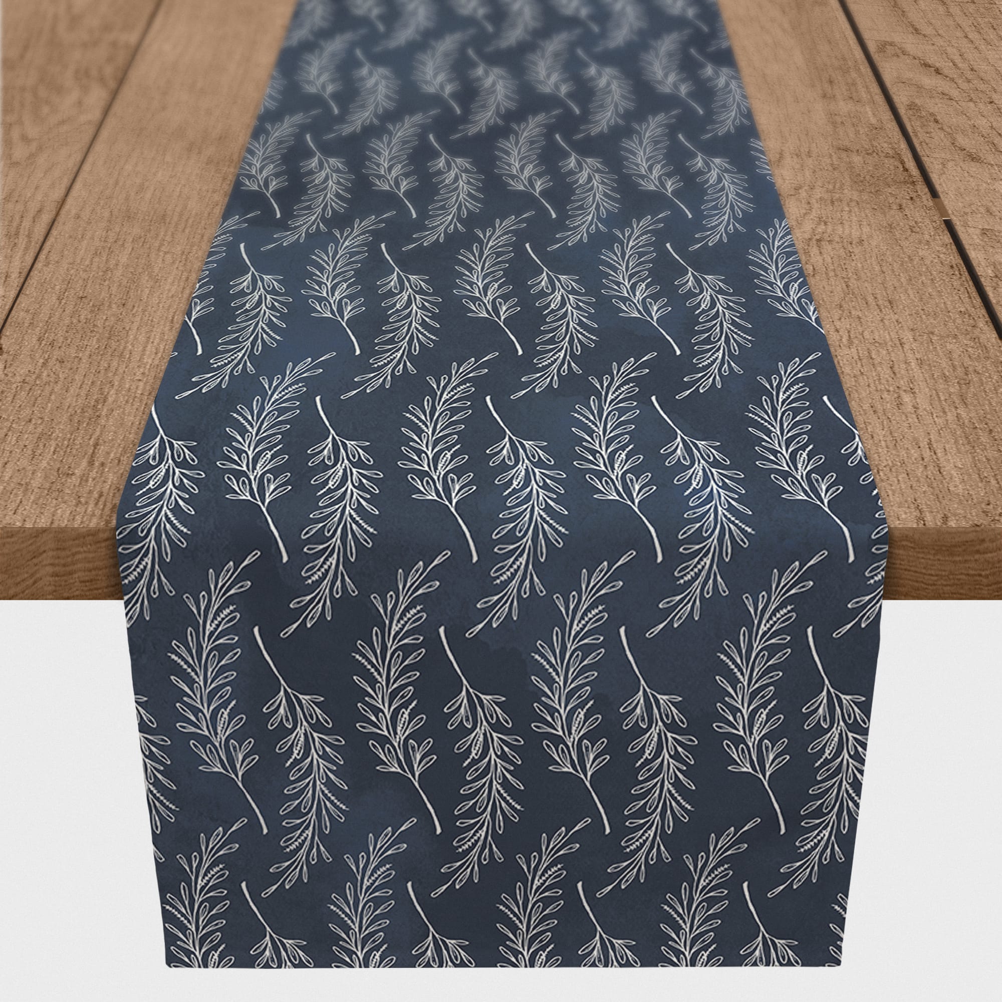72" Navy Blue Leaf Pattern Cotton Twill Table Runner